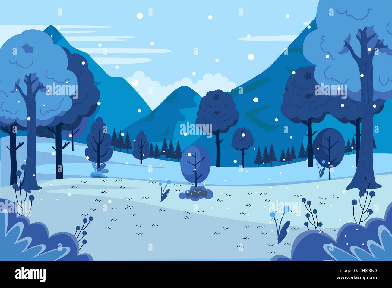Hand drawn winter landscape with mountains Vector illustration Stock ...