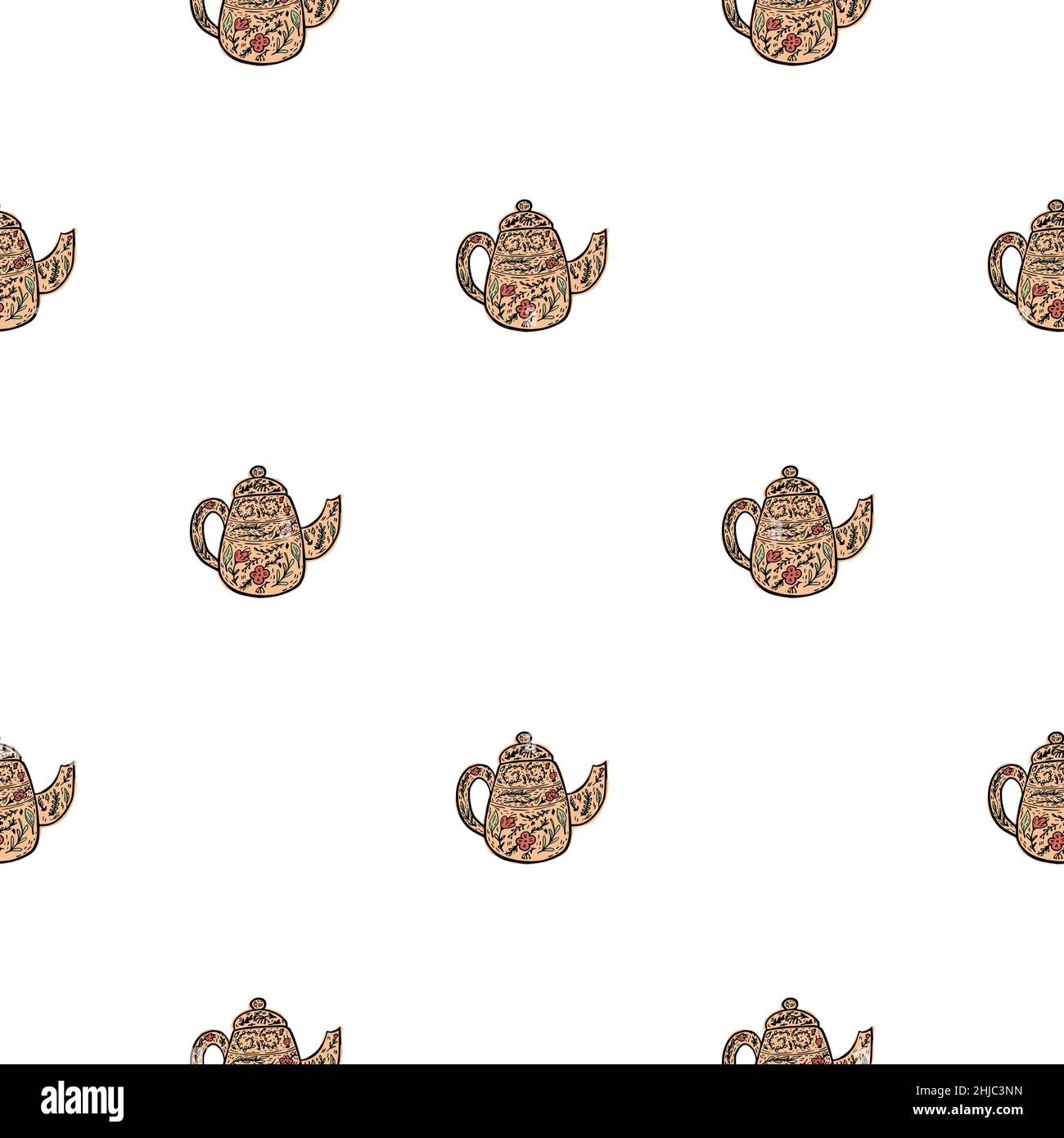 Vintage teapots seamless pattern. Background of teatime in hand drawn