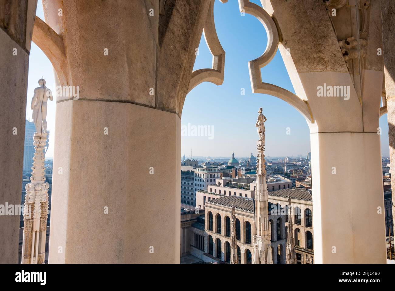 Marble columns of Duomo Milan Cathedral from the roof. Duomo di Milano closeup detail shot Stock Photo