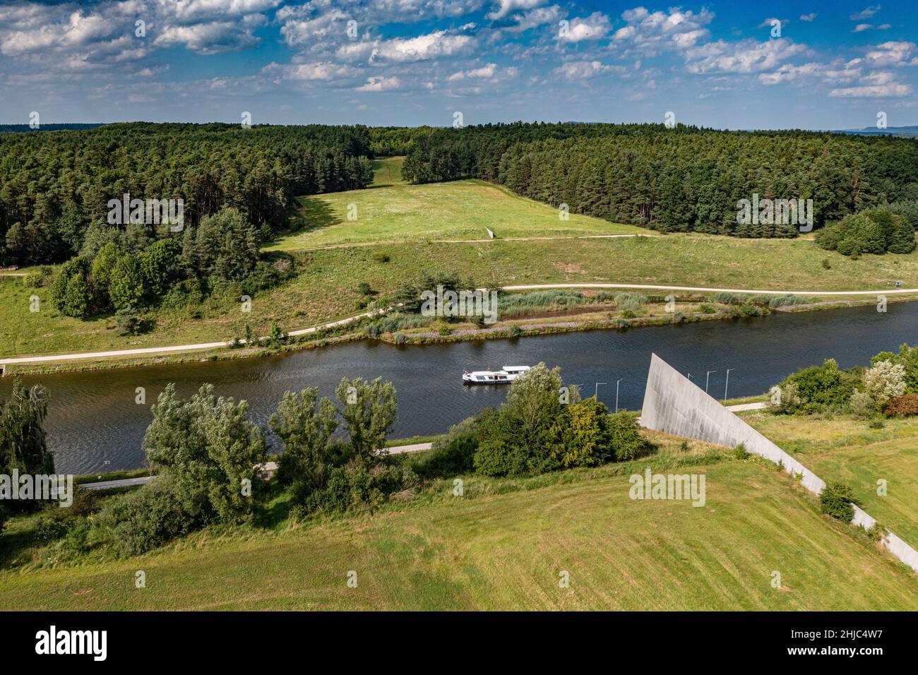 aerial view of the rhein-main-danube-canal with monument Scheitelhaltung in nature park altmühltal, bavaria, germany Stock Photo