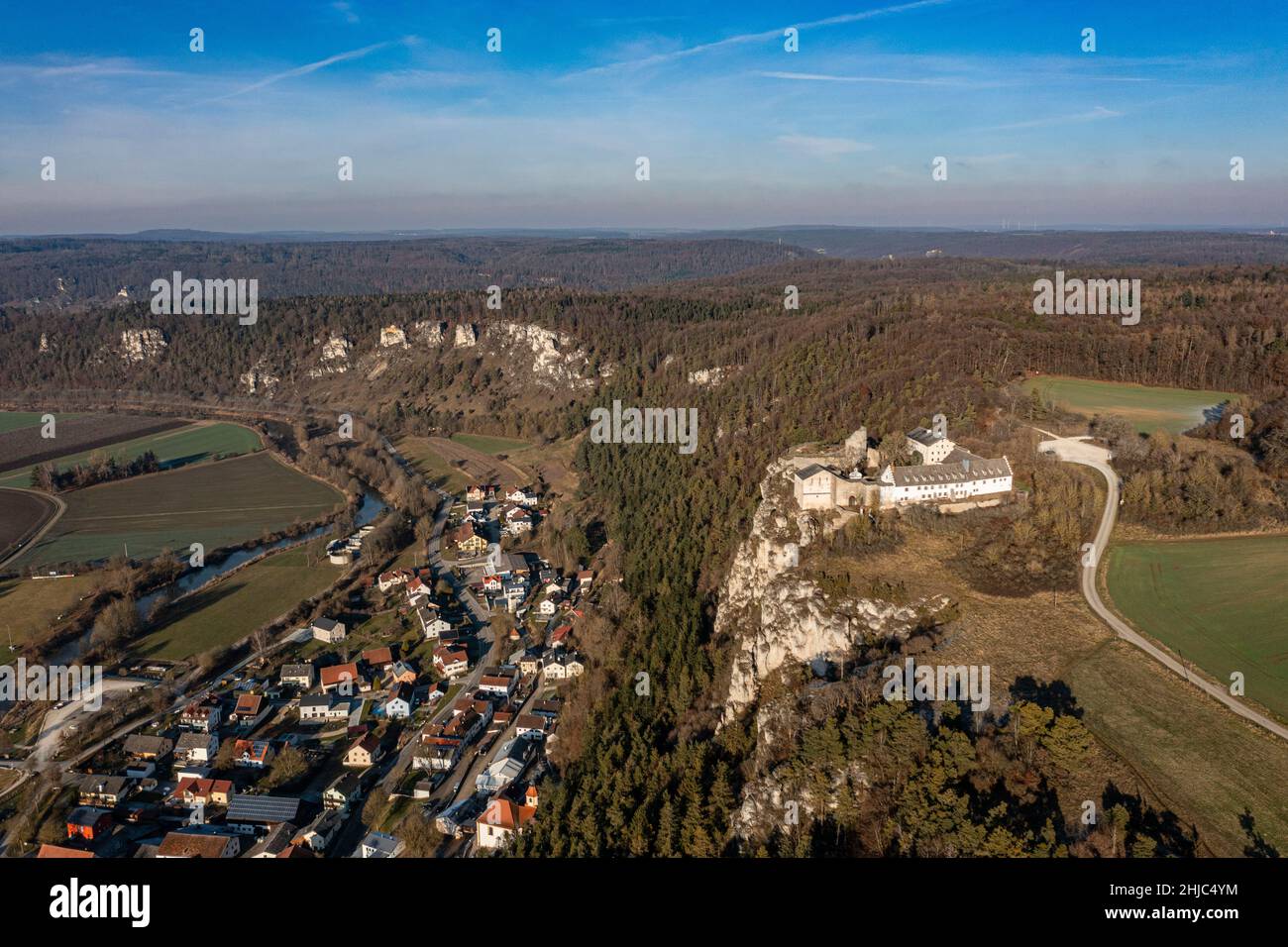 aerial view of arnsberg village with castle in nature park altmühltal, cold sunny day in winter without snow Stock Photo