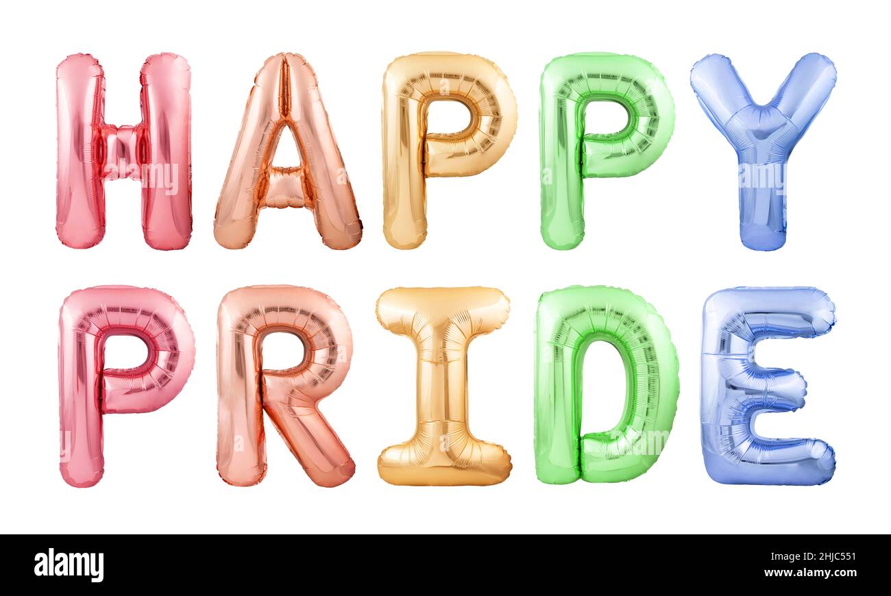 Happy pride message made of colorful inflatable balloon letters isolated on white background Stock Photo