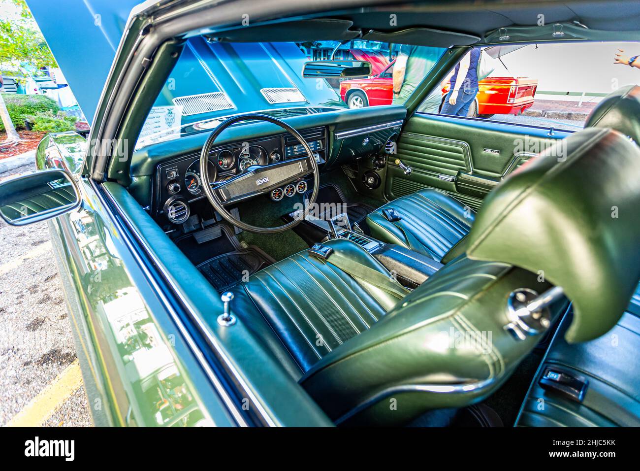 Fernandina Beach, FL - October 18, 2014: Wide angle interior view of a 1969 Chevrolet Chevelle SS 396 Coupe at a classic car show in Fernandina Beach, Stock Photo