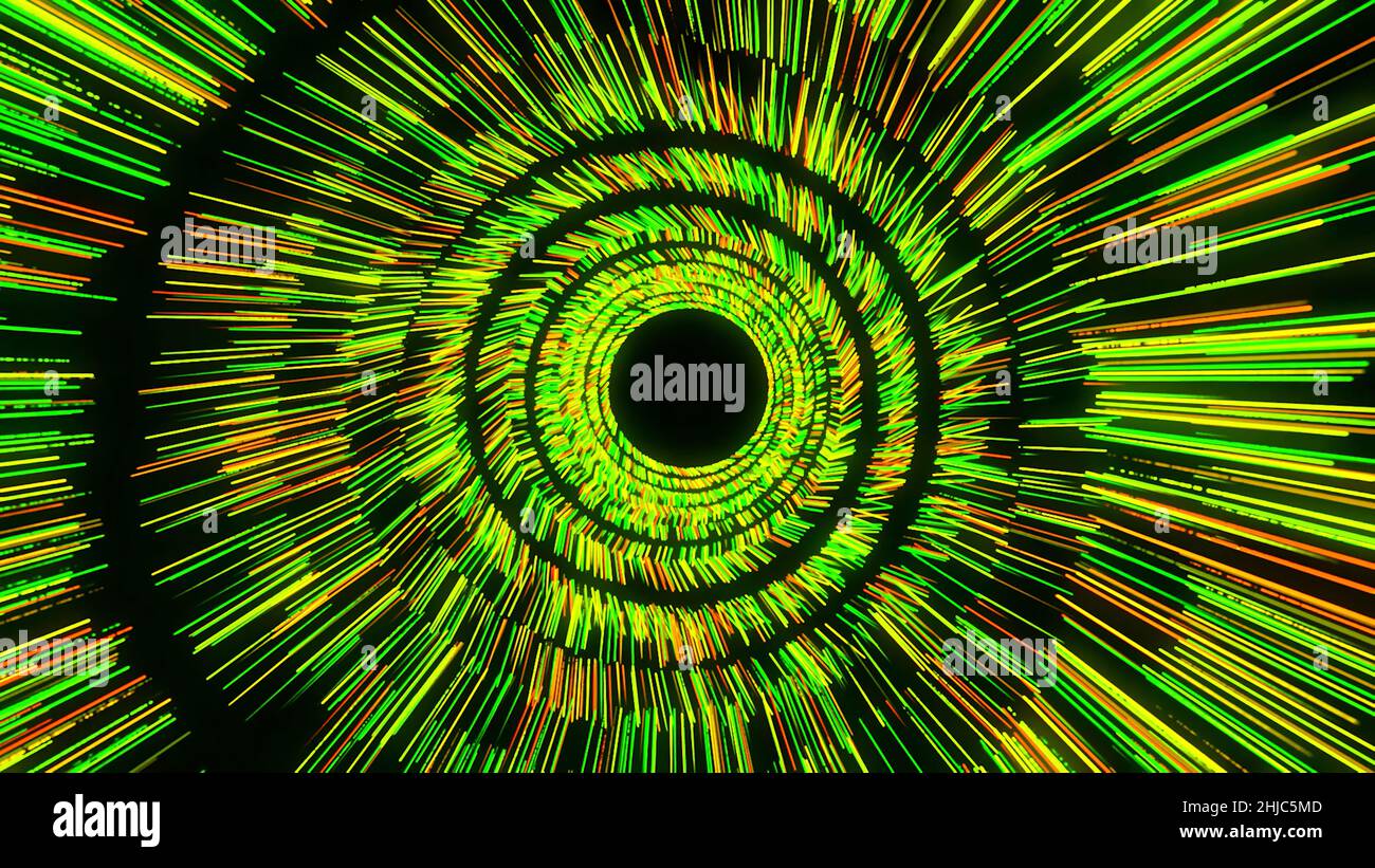 Glowing red, green, yellow lines rotating and forming a funnel. Colorful vortex spinning on black background, seamless loop. Stock Photo