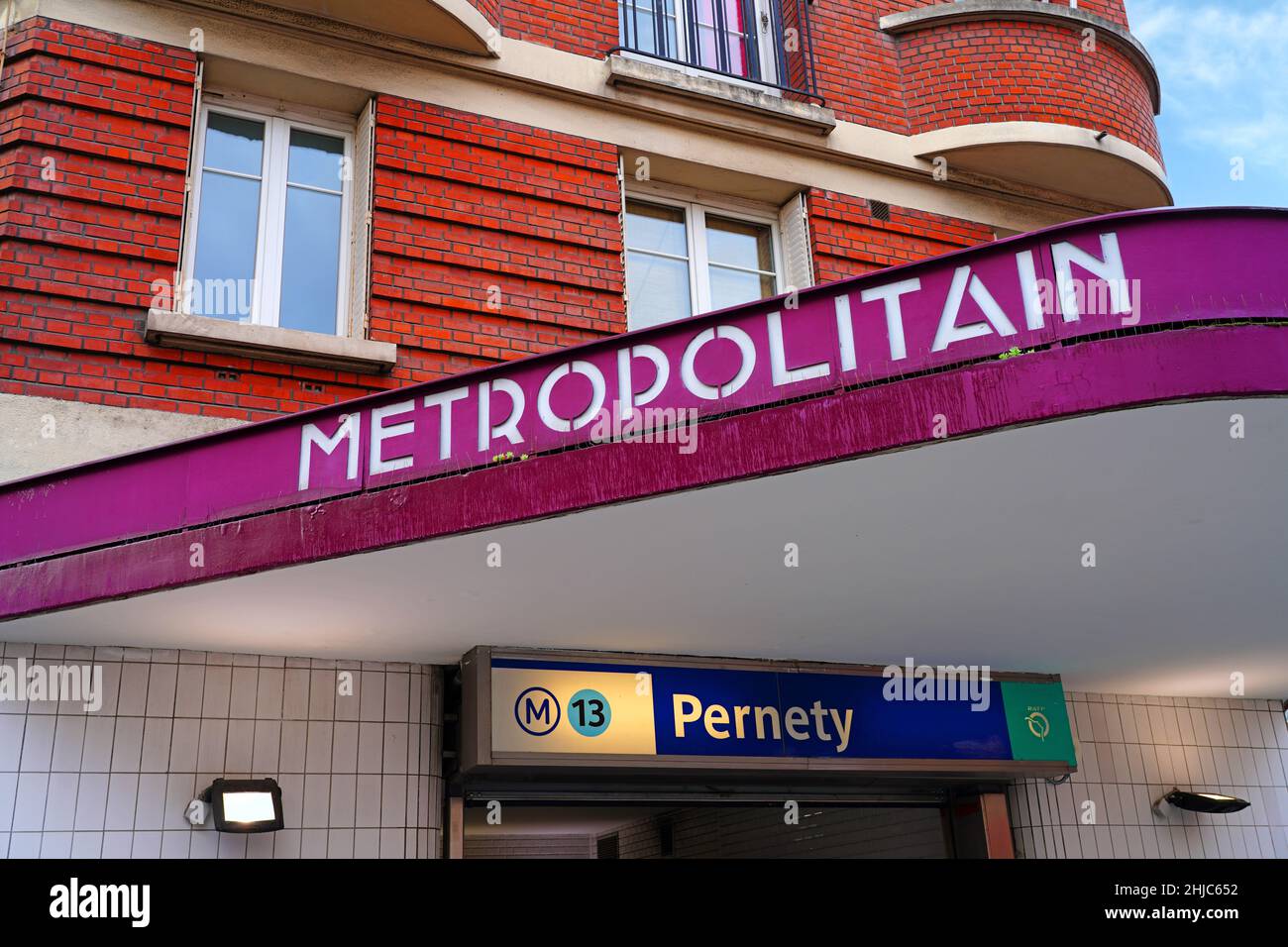 PARIS, FRANCE -9 JAN 2022- View of the entrance of the Pernety subway station on Line 13 on rue Raymond Losserand in the 14th arrondissement of Paris. Stock Photo
