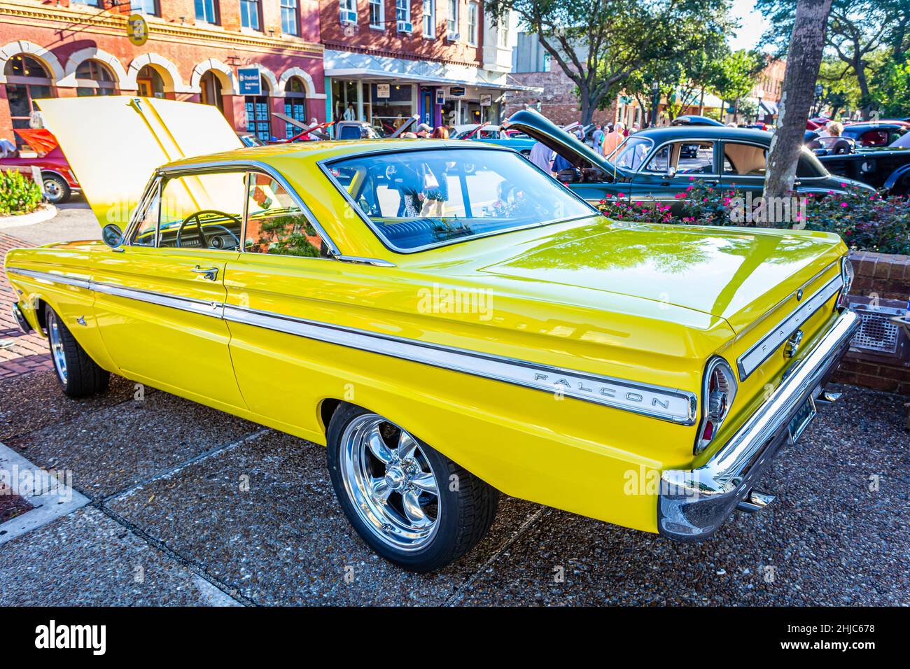 Fernandina Beach, FL - October 18, 2014: Wide angle low perspective rear corner view of a 1965 Ford Falcon Futura Coupe at a classic car show in Ferna Stock Photo