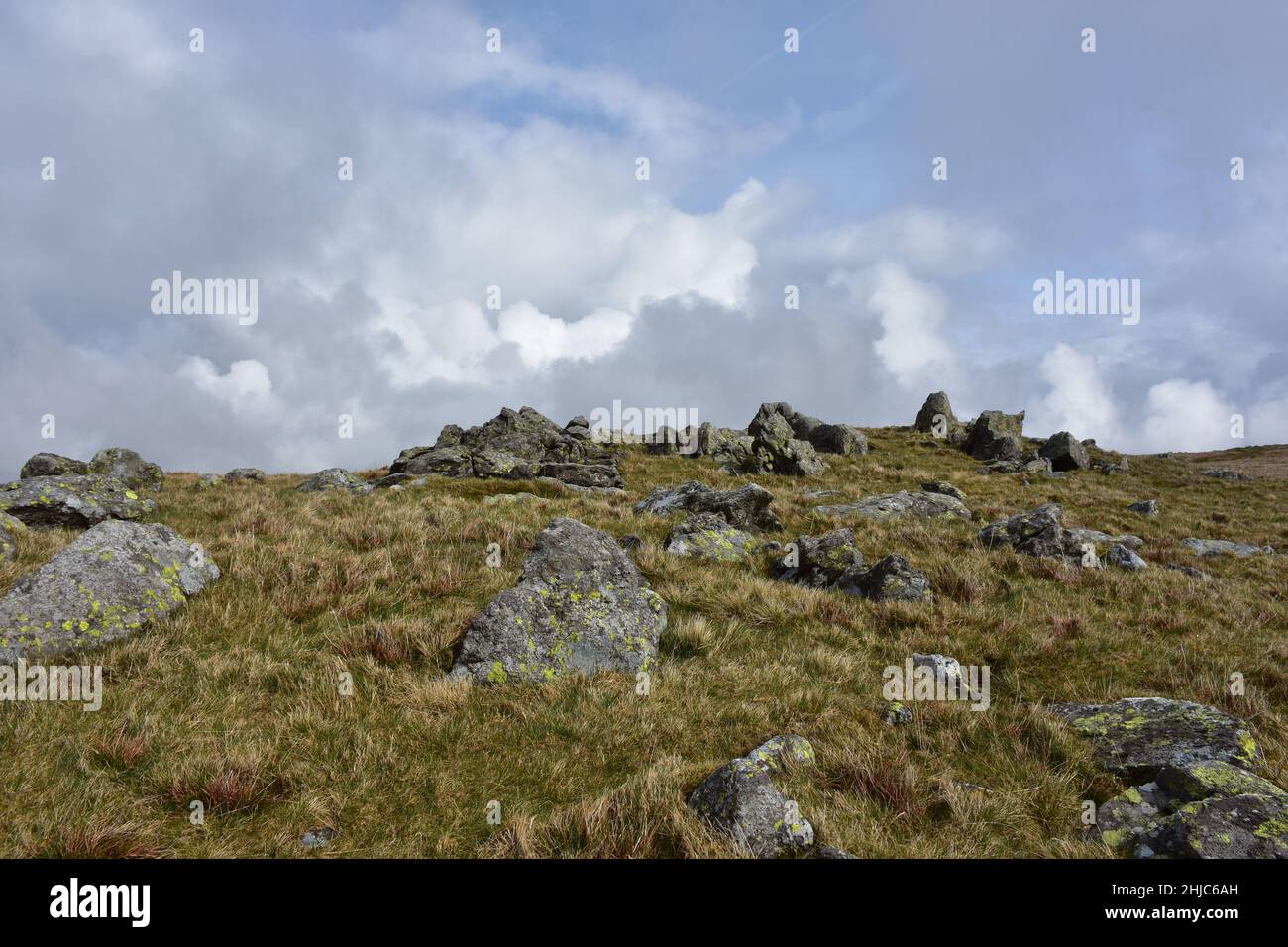 Big rocks and stones along the top ridge of a fell in England Stock ...