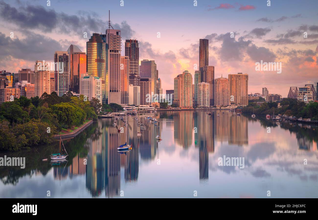 Brisbane, Australia. Cityscape image of Brisbane skyline with reflection of the city in Brisbane River at sunrise. Stock Photo