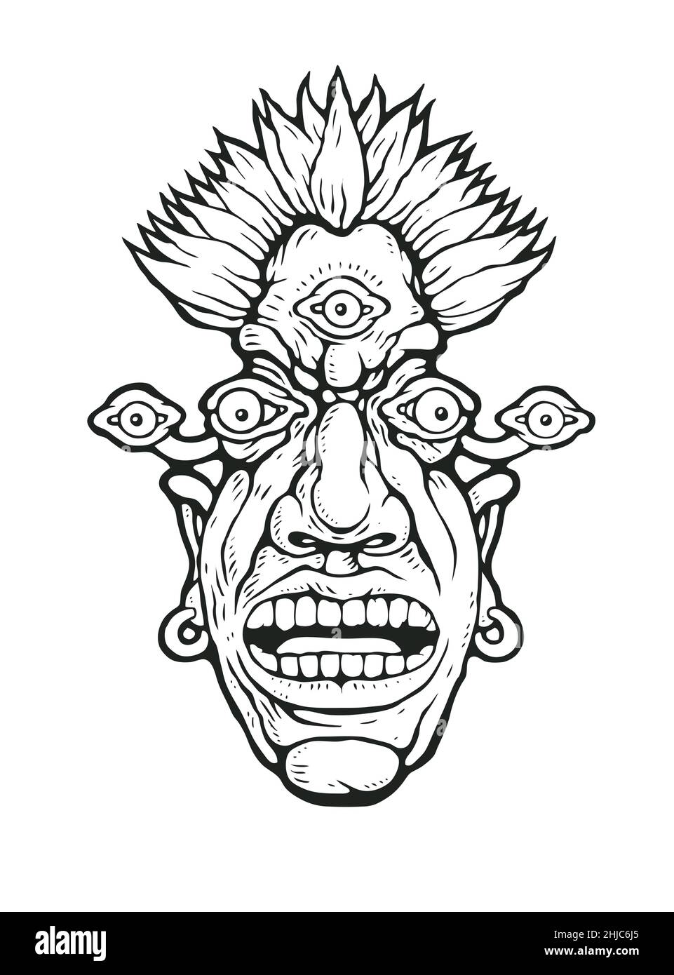 A crazy character with five eyes. Symbol for t-shirt print or tattoo. Vector illustration. Stock Vector