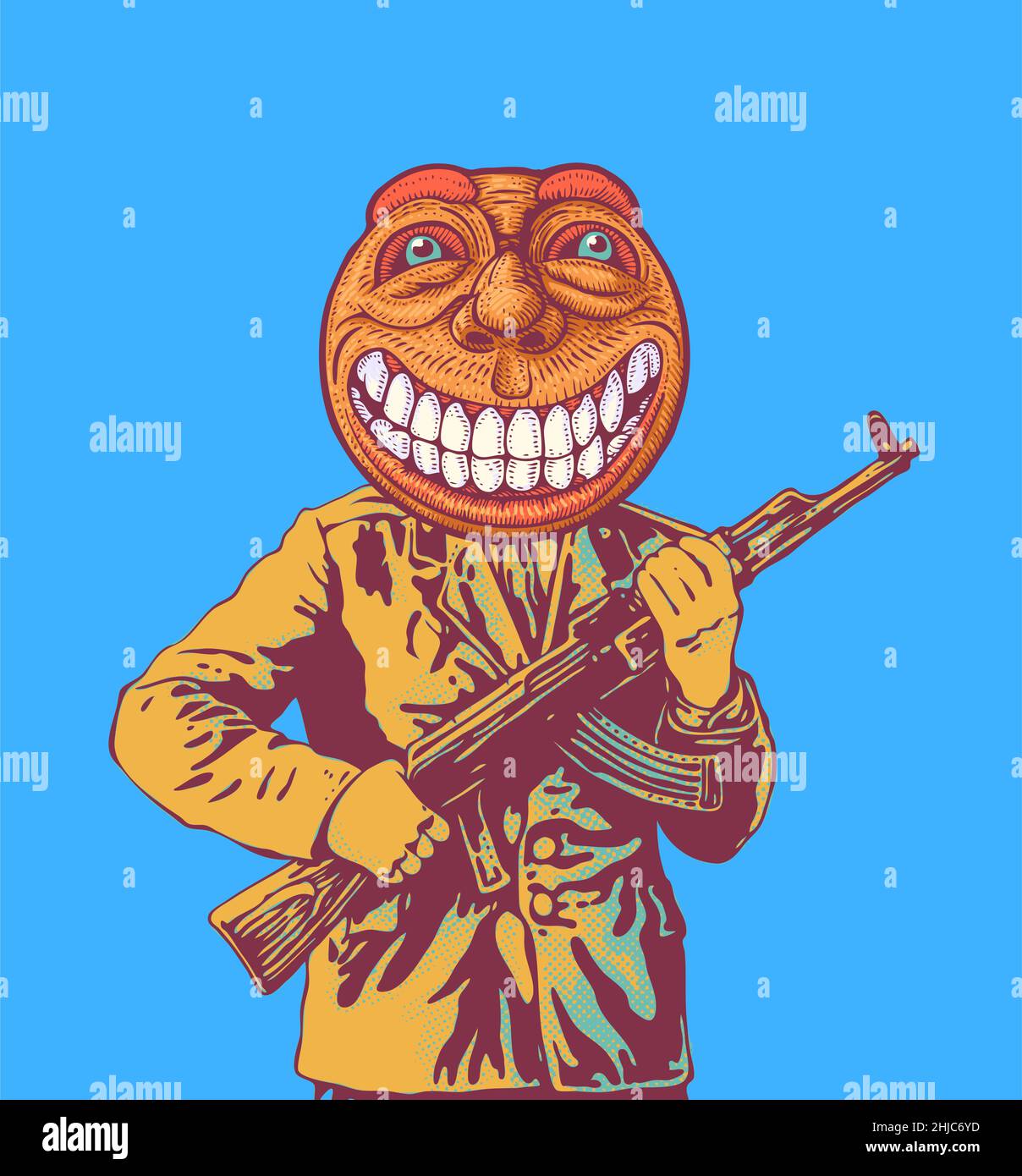 An officer with a Kalashnikov assault rifle and with a happy emoticon ...