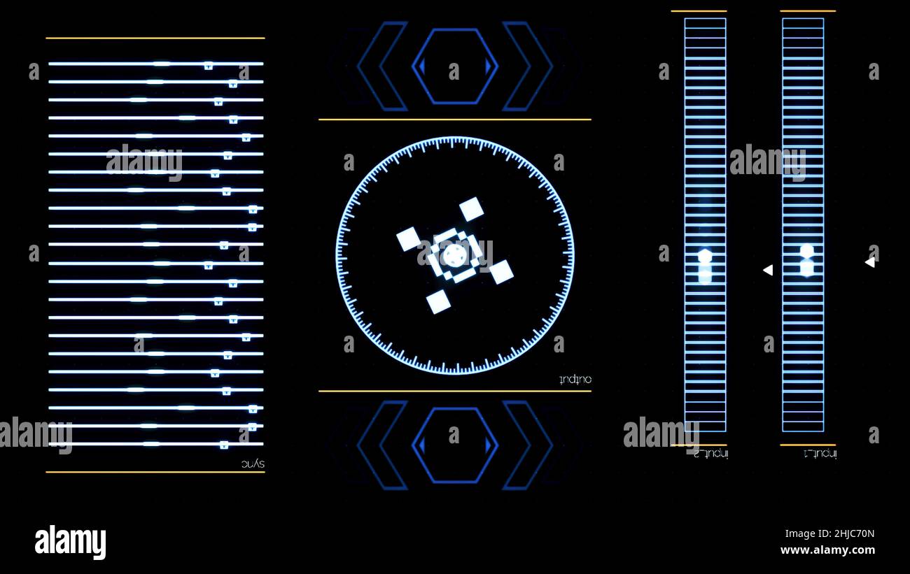Futuristic digital interface screen with running computer program. Abstract functioning system application on black background. Stock Photo