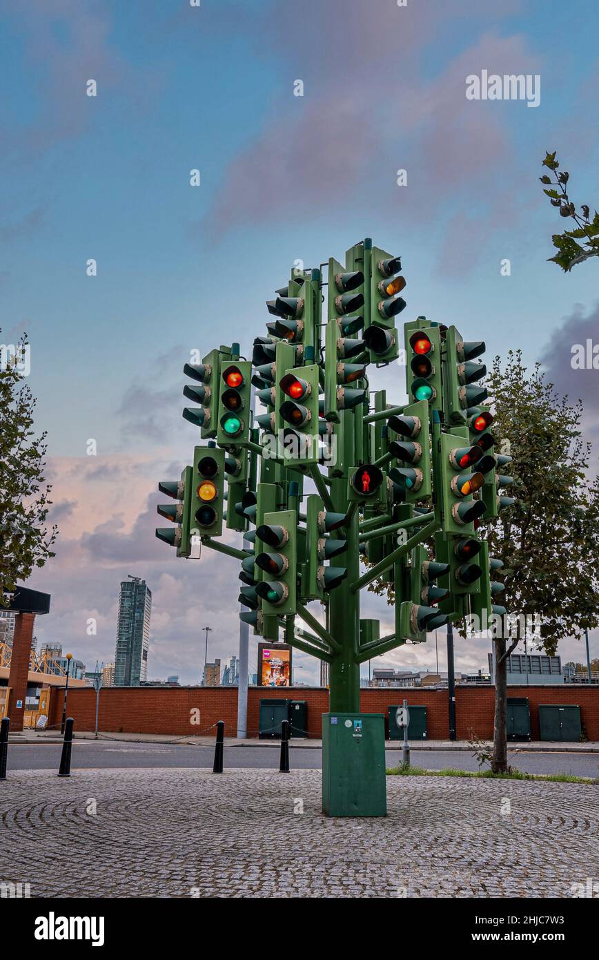Traffic Light Tree attraction in Canary Wharf during daytime Stock