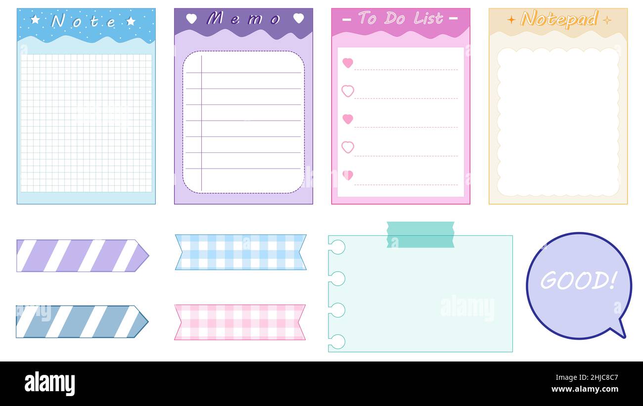 set of the cute colorful notepad, memo, planner, grid paper, sticky note,  reminder, journal, and bubble. cute, simple, and printable Stock Photo -  Alamy