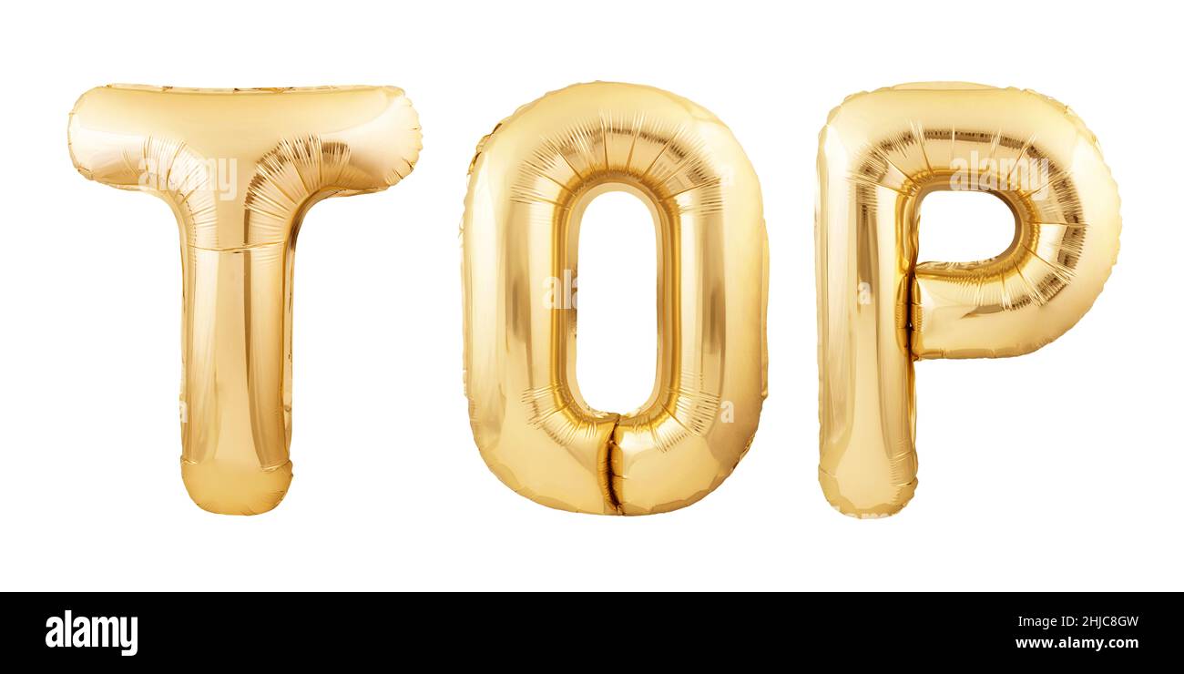 TOP word made of golden helium balloons isolated on white background. Golden Stock Photo