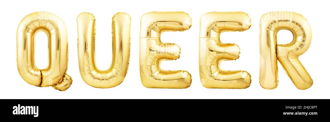 Queer wird made of golden inflatable balloon letters isolated on white background Stock Photo