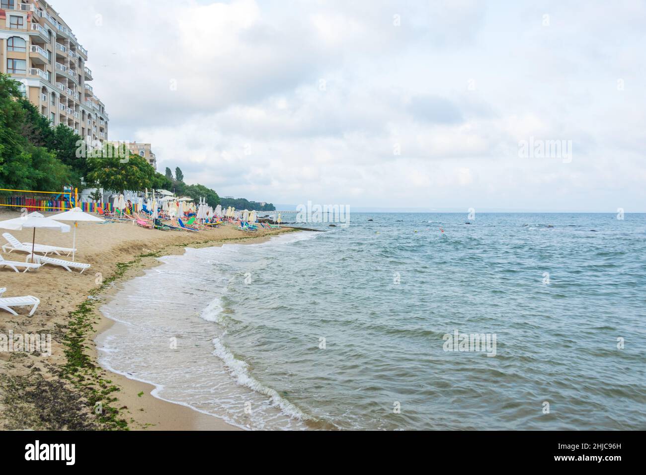The Black Sea beach with hotels in Varna, Bulgaria Stock Photo