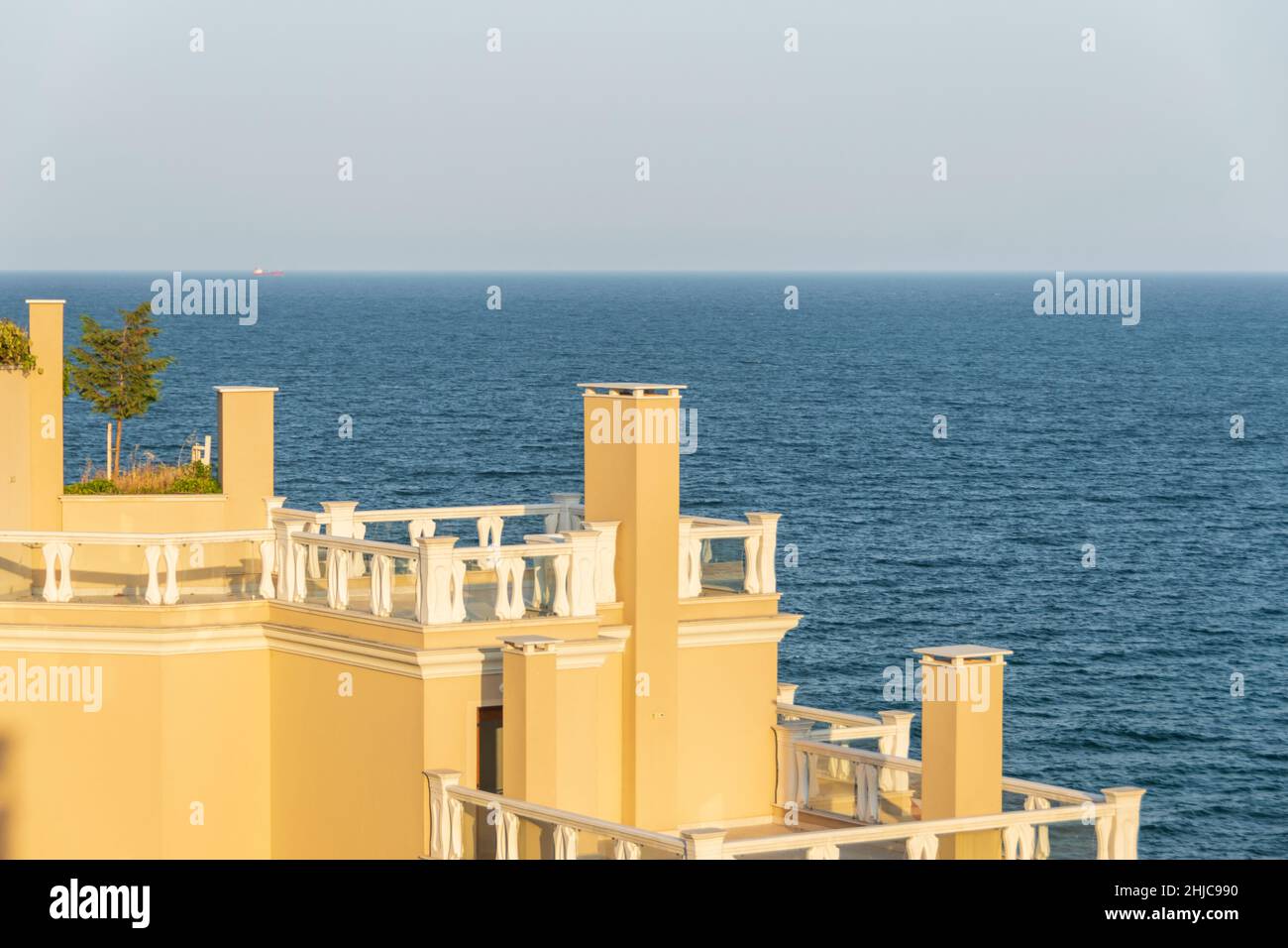 Bulgarian buildings at the Black Sea illuminated by the sunset Stock Photo