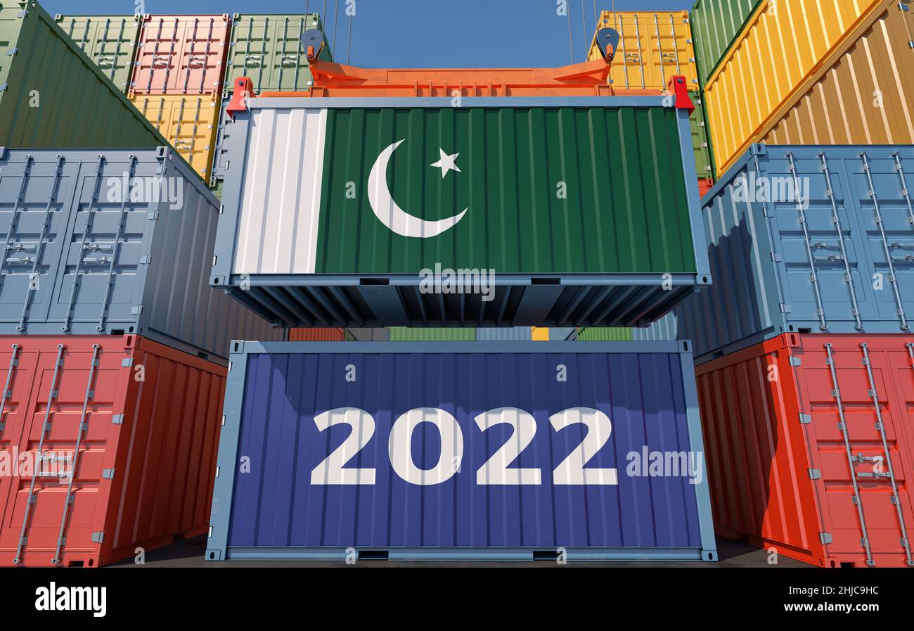 Trading 2022. Freight container with Pakistan national flag. 3D Rendering Stock Photo Alamy
