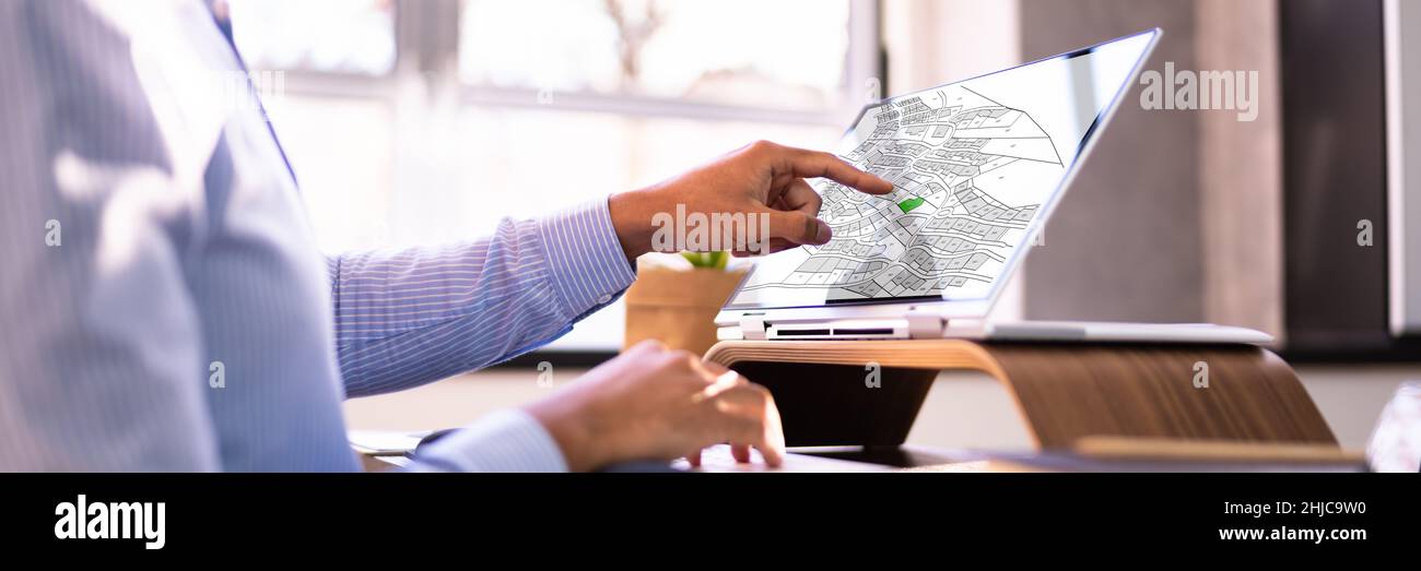 Cadastral Digital Map On Business Laptop Screen Stock Photo