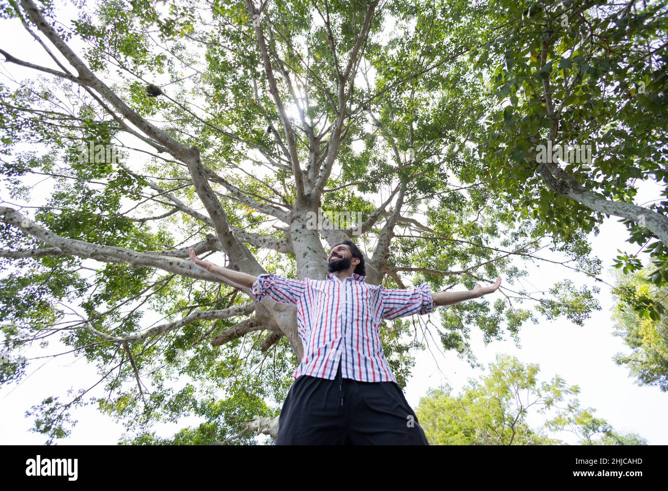 Portrait of smiling young man at a park on a beautiful sunny day. Man ...