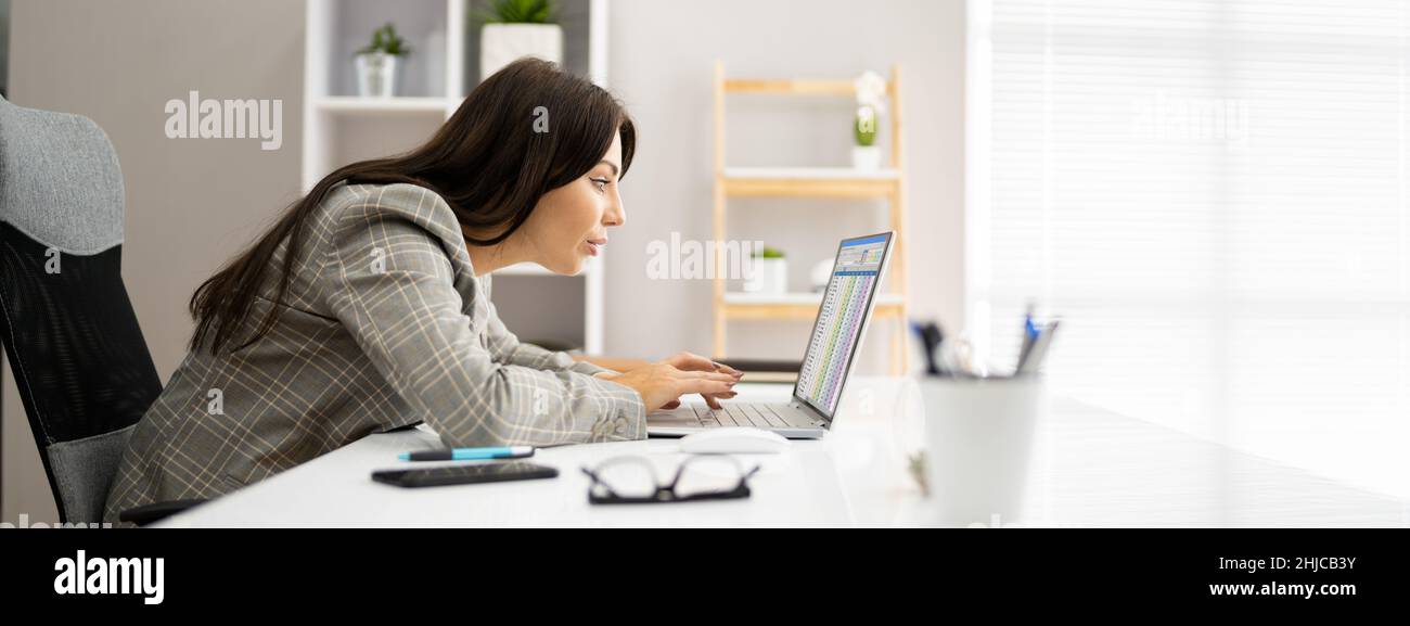 Woman Bad Posture Working Typing At Desk Stock Photo Alamy