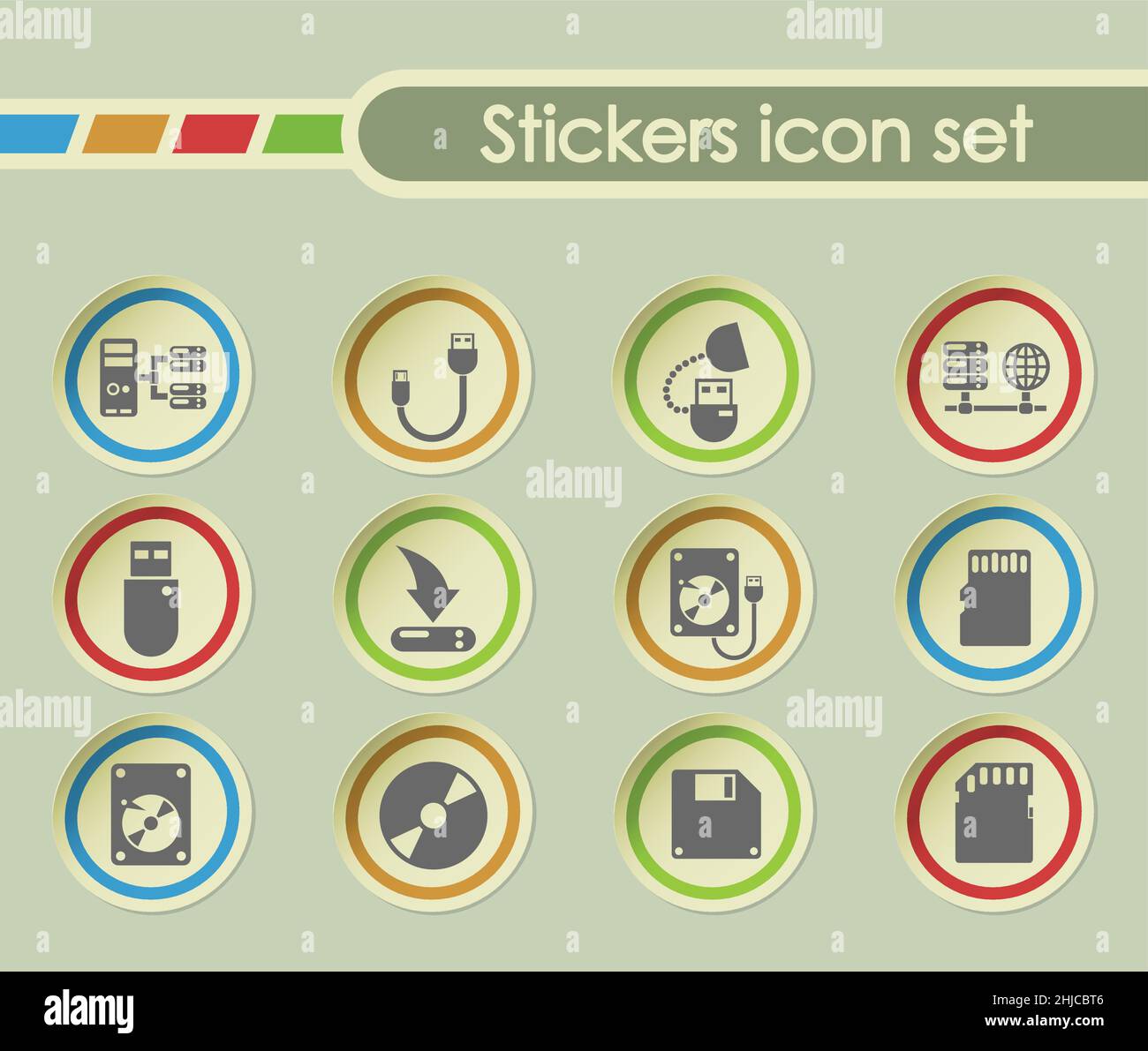 memory drives simple vector icons on round stickers Stock Vector