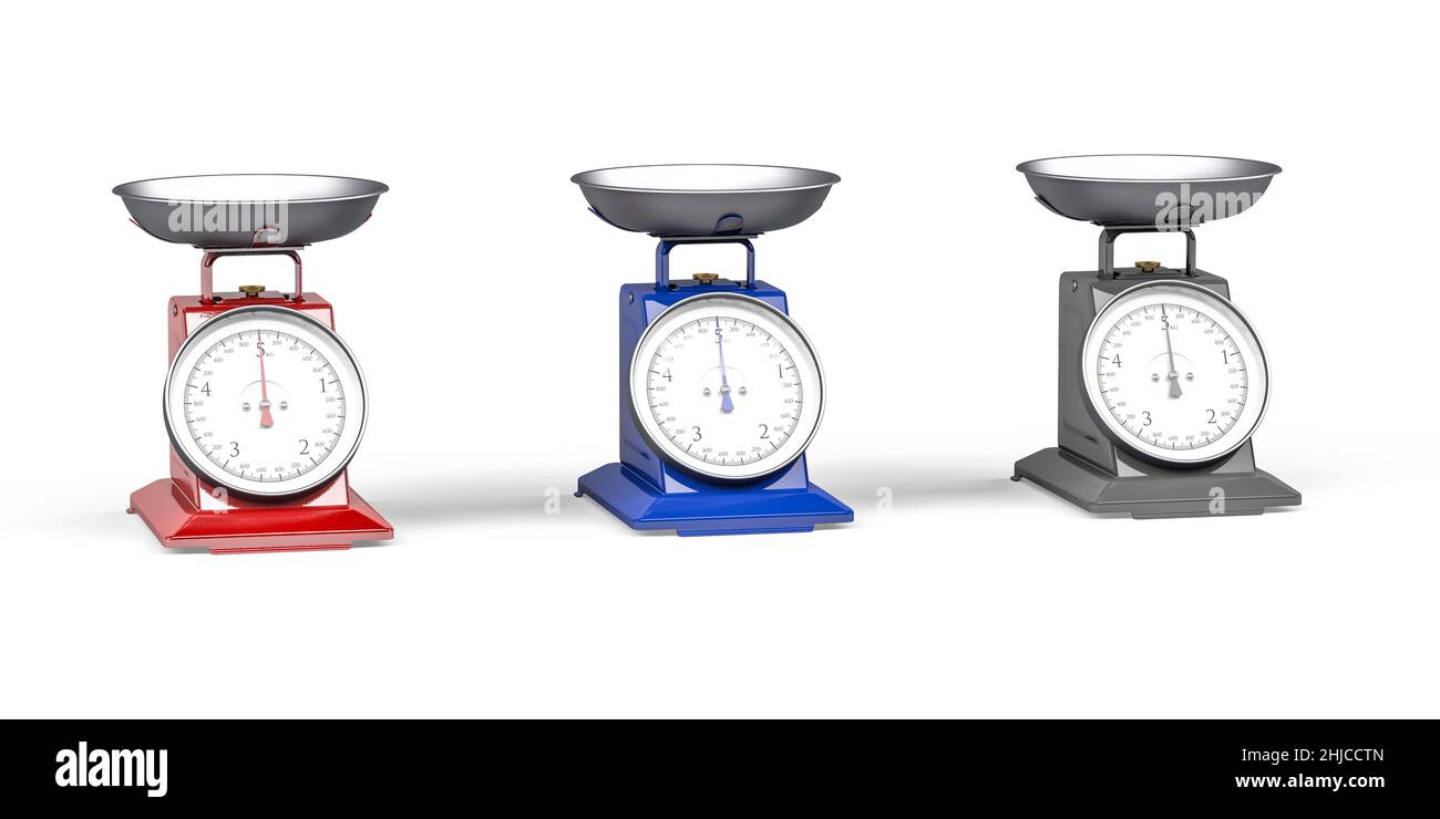 Analog food scale in red, blue and gray colors isolated on white