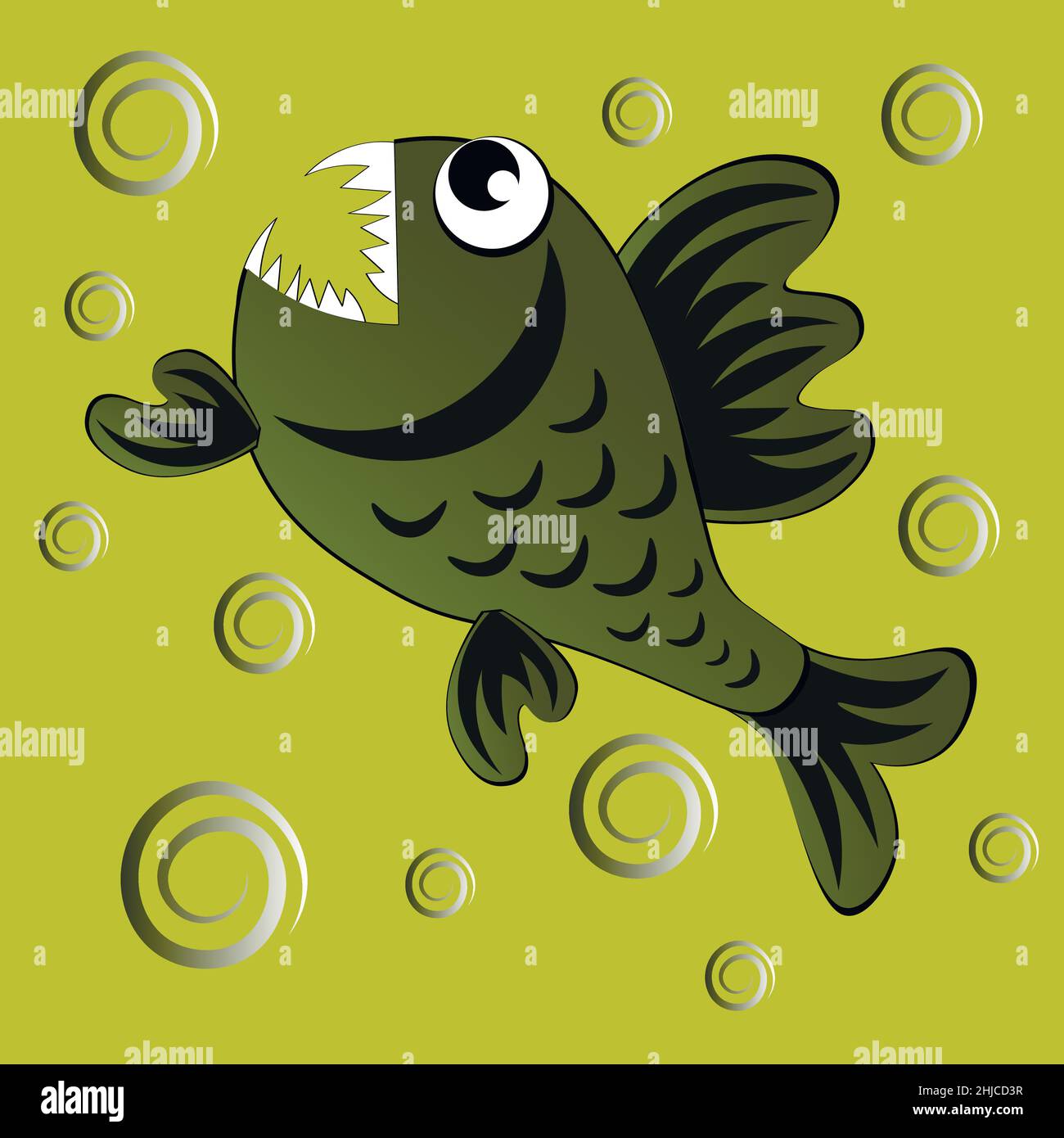 The illustration on a square background is a predatory evil piranha ...