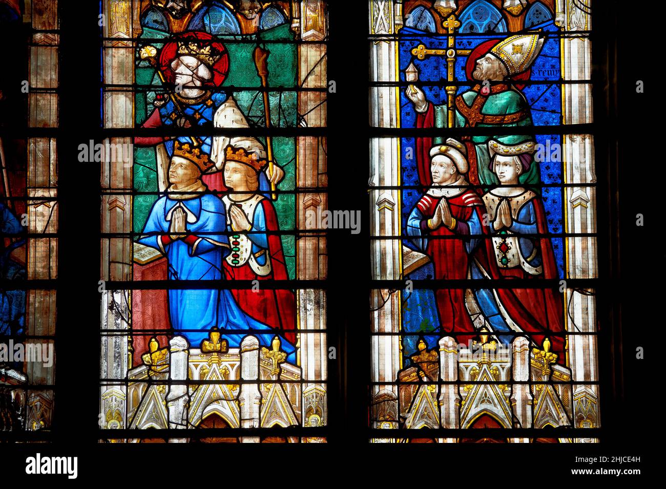 Stained glass Windows of Cathedral of Chartres, France - showing  the kings of France. A UNESCO World Heritage Site. The stained glass windows of Char Stock Photo
