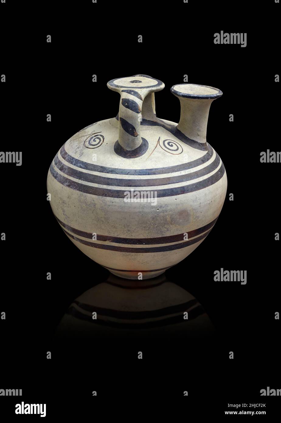 Mycenaean pottery - stirrup jar with concentric circle design. 1180-1150 BC. Mycenaean Epidauros necropolis. Nafplio Archaeological Museum. . Against Stock Photo