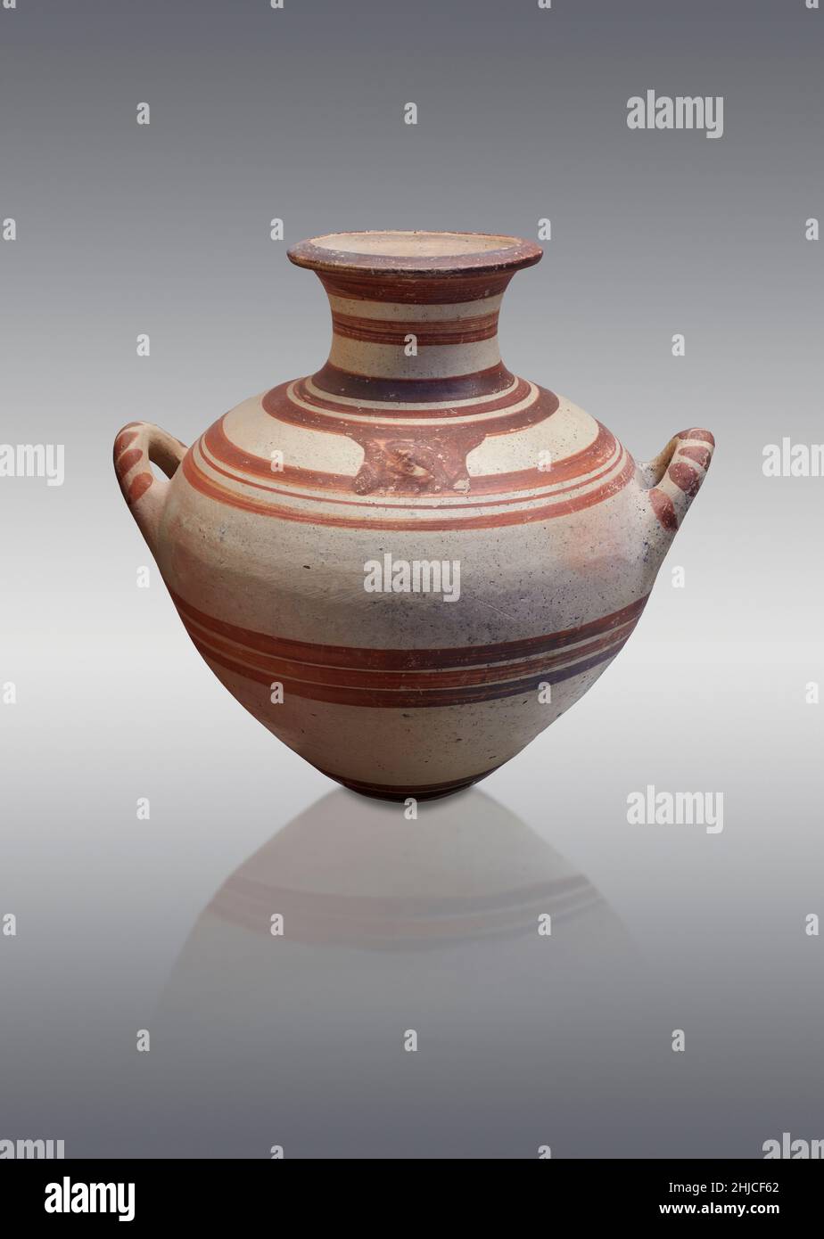 Mycenaean pottery - Terracotta Amphora jar with concentric circle design and handles. 1180-1150 BC. Mycenaean Epidauros necropolis. Nafplio Archaeolog Stock Photo