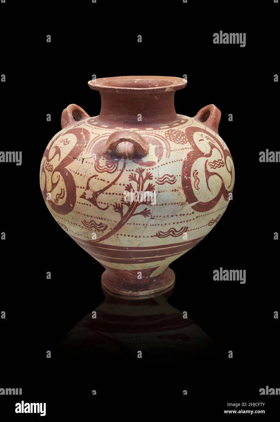 Mycenaean pottery - Terracotta  jar with marine design and handles. 1180-1150 BC. Mycenaean Epidauros necropolis.  Nafplio Archaeological Museum. . Ag Stock Photo