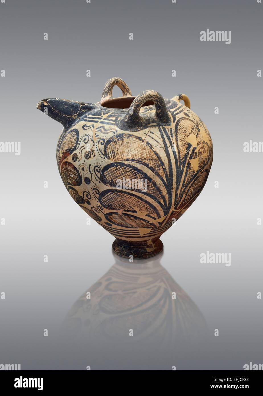 Mycenaean pottery - Terracotta  spouted jug with floral design and handles. 1180-1150 BC. Mycenaean Epidauros necropolis.  Nafplio Archaeological Muse Stock Photo