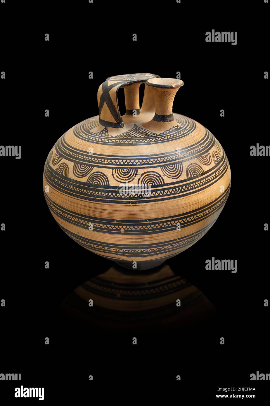 Mycenaean pottery - Terracotta stirrup jar from chaber tomb 1:5 and 1:6, 1140-1100 BC, Mycenaean cemetery of Asine. Nafplio Archaeological Museum. . A Stock Photo