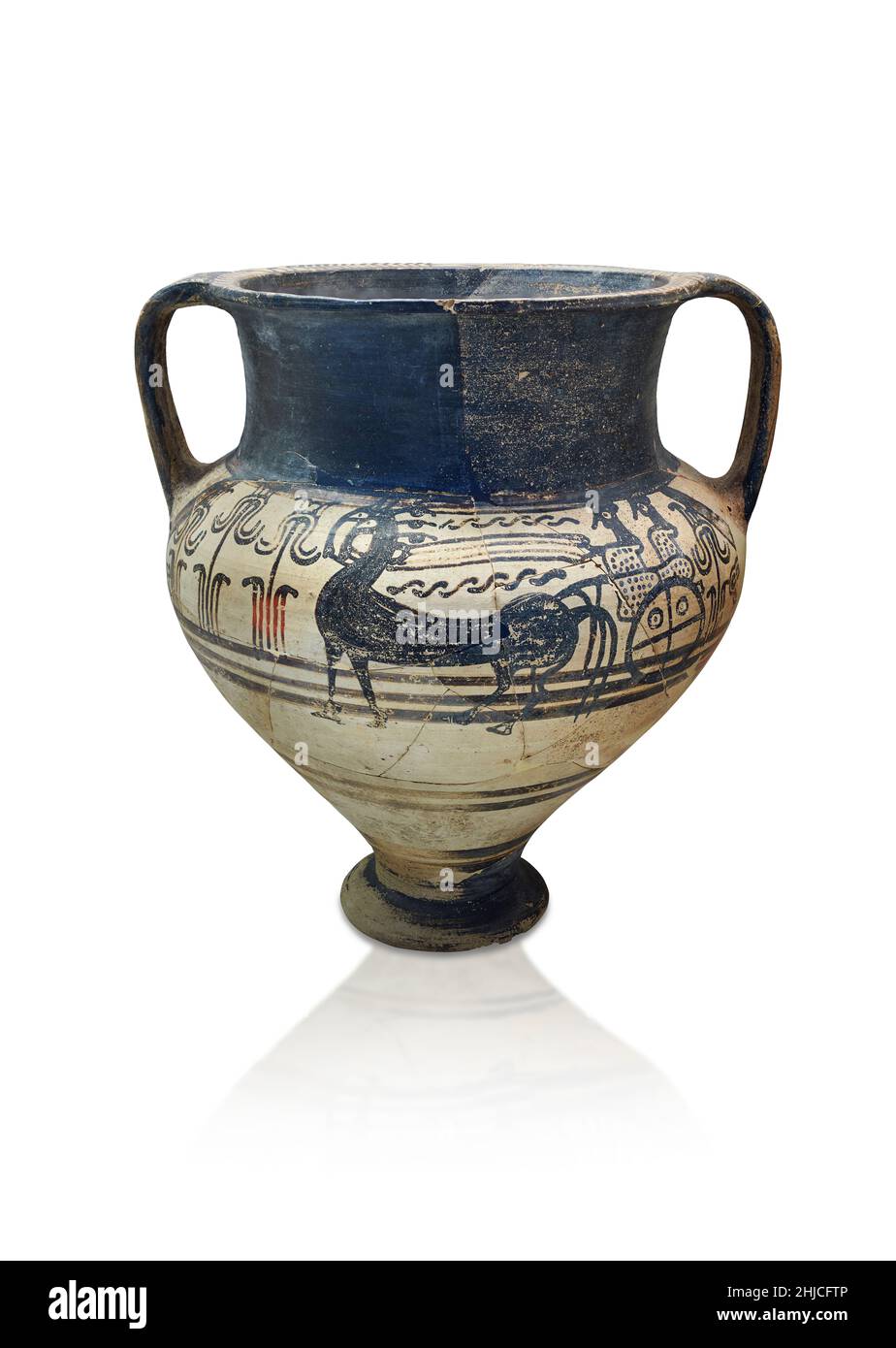 Mycenaean pottery - terracotta amphroid krater with a chariot scene, Nafplion, Evangelistria, chamber tomb B, 1300-1250 BC. Nafplio Archaeological Mus Stock Photo