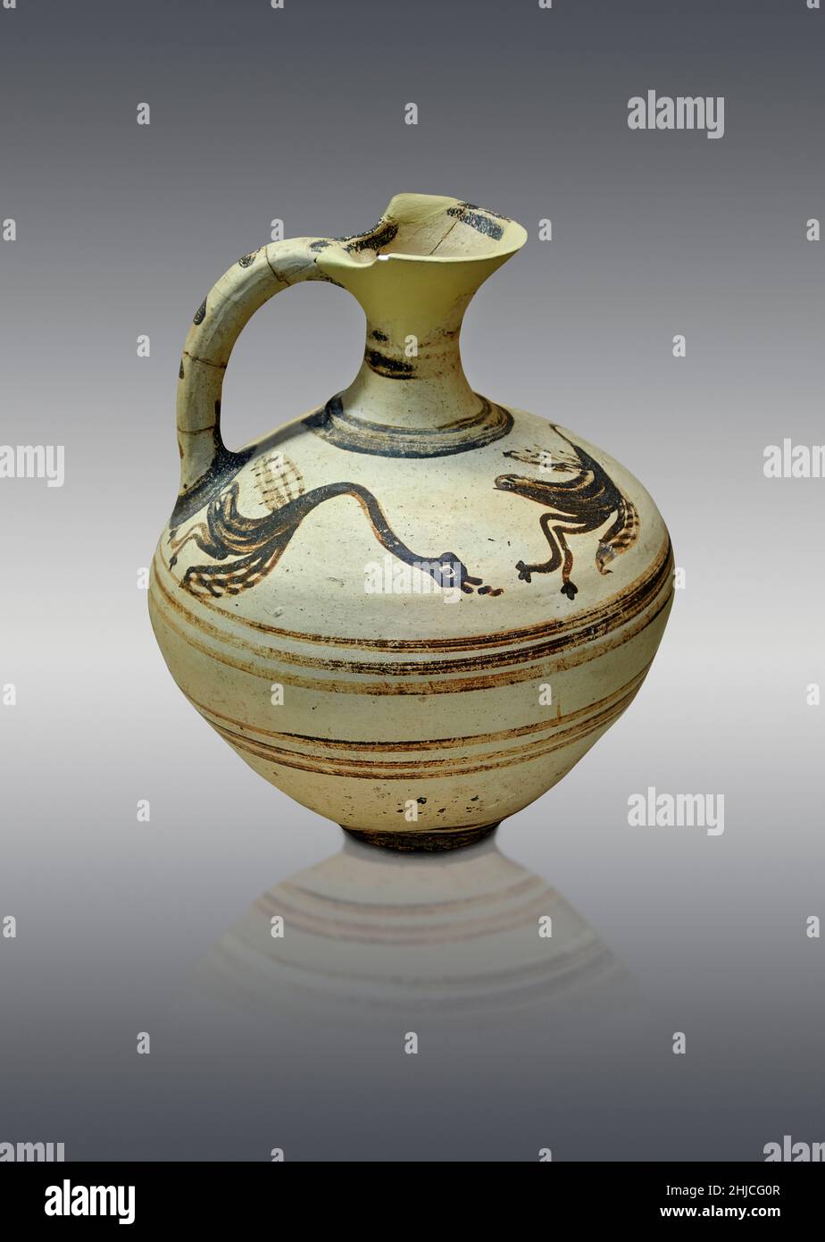 Mycenaean pottery - terracotta jug with cutterway neck and bird design, Nafplion, Evangelistria, chamber tomb KZ, 1300-1180 BC. Nafplio Archaeological Stock Photo