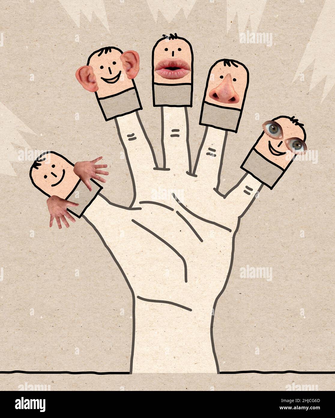 Big Hand with Cartoon Characters and Five Senses collage Stock Photo - Alamy