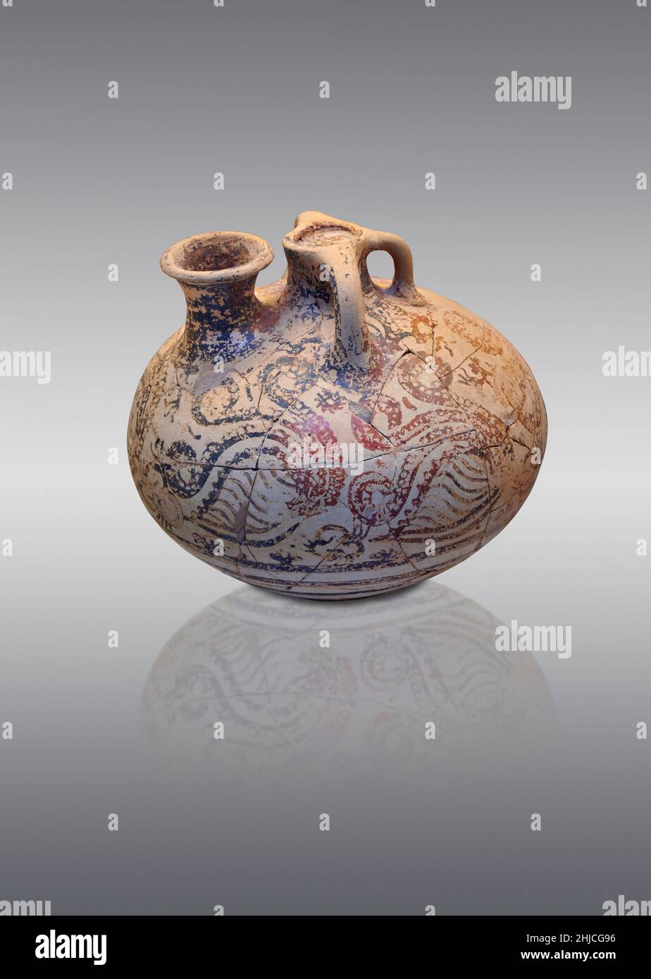Mycenaean pottery - terracotta stirrup jar with a repeating octopus design,, 1500-1450 BC Nafplion Evangelistria.  Nafplion Archaeological Museum.   A Stock Photo