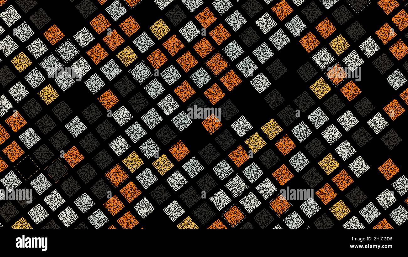 Technological background with parallel rows of orange, yellow, white, and black square shaped QR codes. Animation. Many same size QR codes on black ba Stock Photo