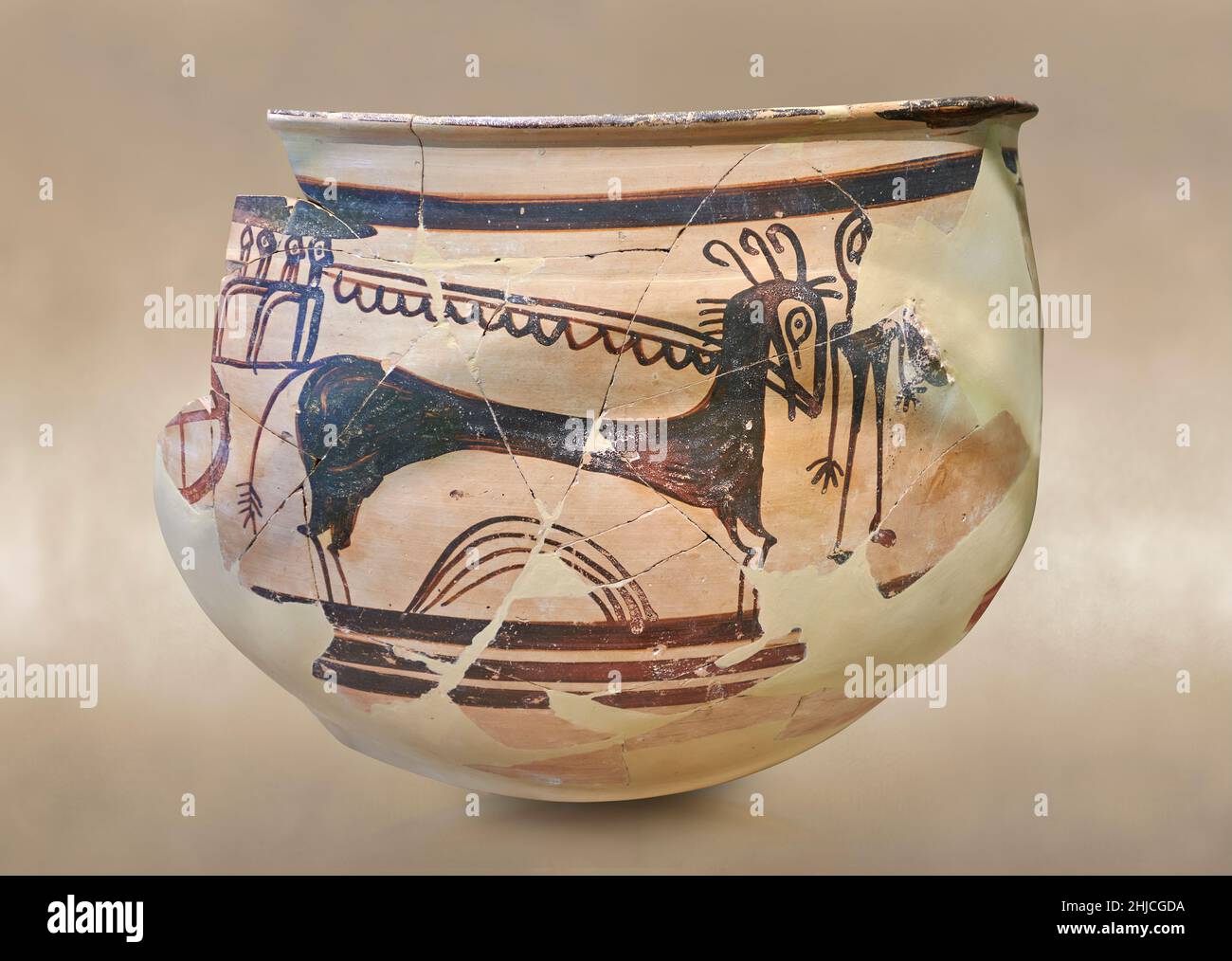 Mycenaean pottery - Krater fragment depicting a horse and chariot scene, Tiryns, 1400-1300 BC. Nafplion Archaeological Museum.  Against grey art backg Stock Photo