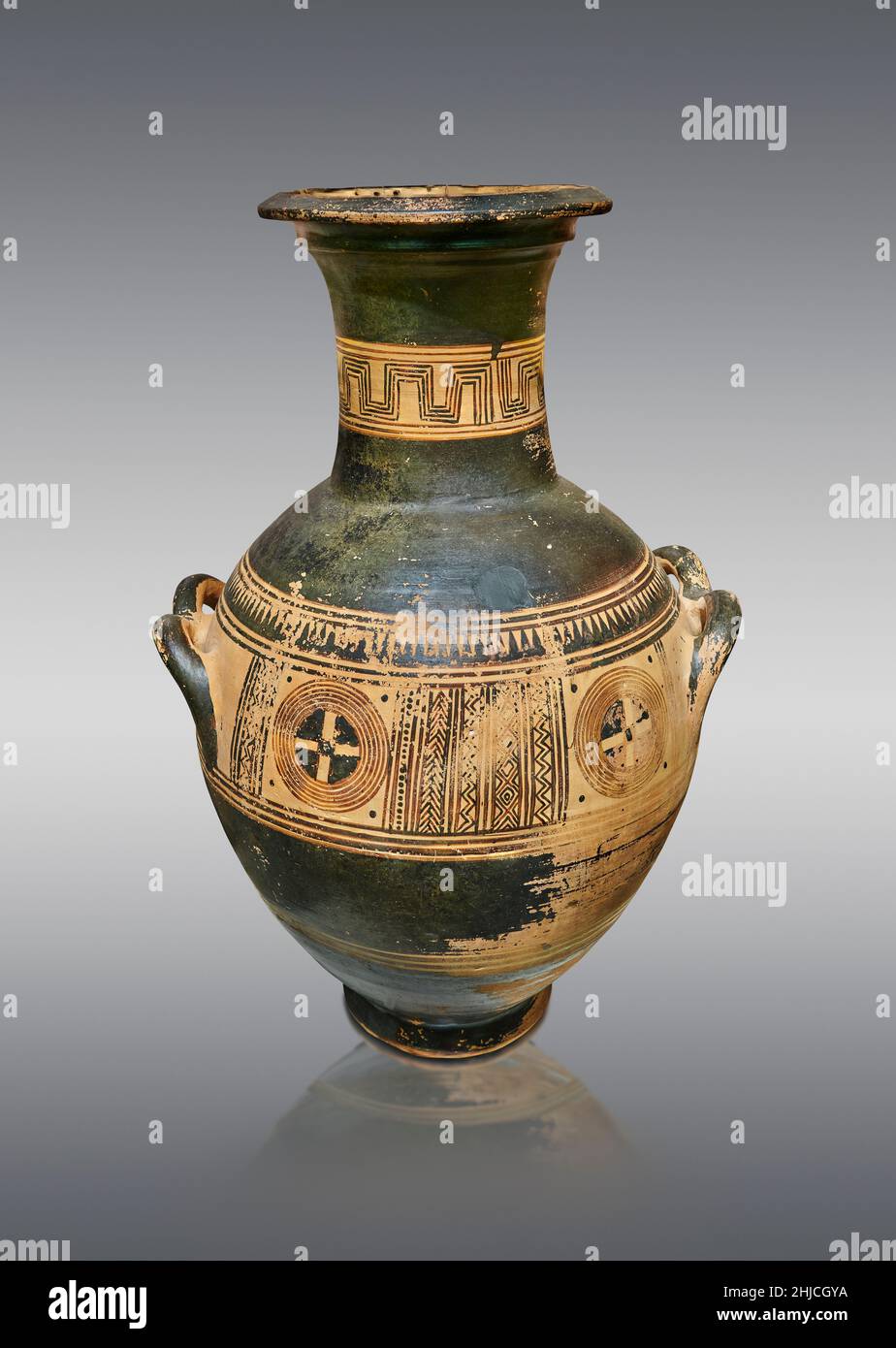 Geometric Period Greek pottery amphora, Tiryns, 850-900 BC . Nafplion Archaeological Museum. : Against grey background. Photographer Paul E Williams. Stock Photo