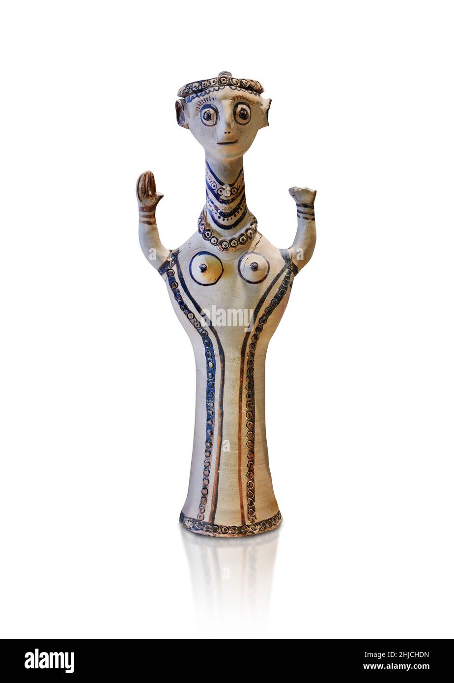 Mycenaean pottery figurine statuette of a goddess made on a pottery wheel, Tiryns Lower Citadel, 12th cent BC. . Against white background. Photographe Stock Photo