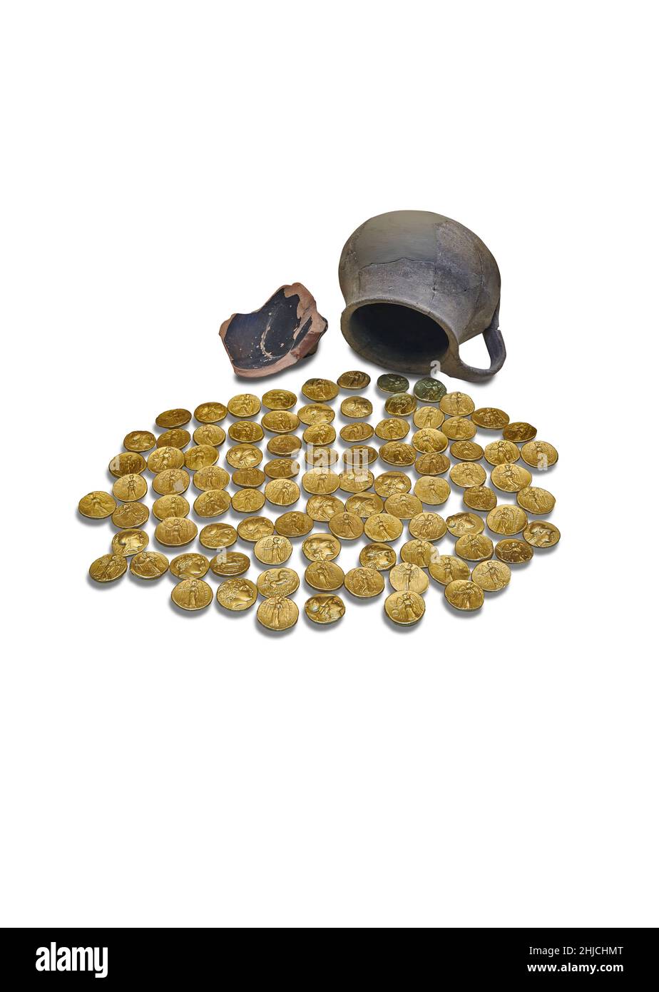 Ancient Greek gold coin hoard offering, sanctuary of Artemis, Epidaurus, circa 3rd cent BC. Napflion Archaeological Museum. Against white background. Stock Photo