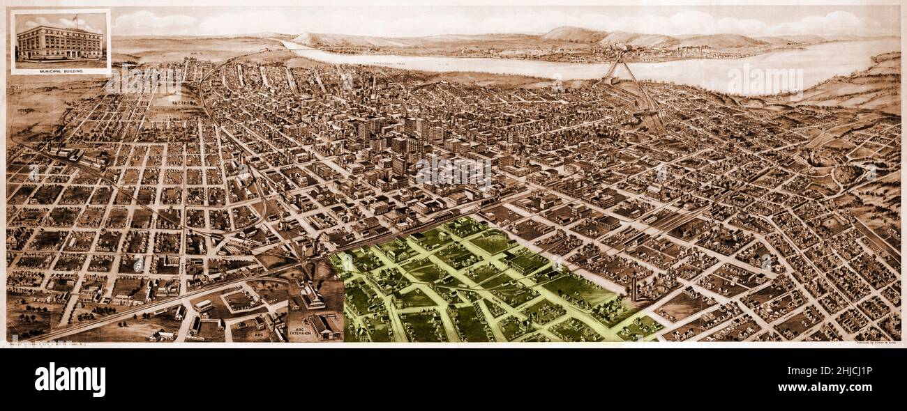 Map of Tulsa, Oklahoma, in 1918, looking south, with the Greenwood District, known as Black Wall Street, highlighted in green. (The area extends off the map.) The Tulsa Race Massacre of 1921 completely destroyed this prosperous Black area of town. Stock Photo