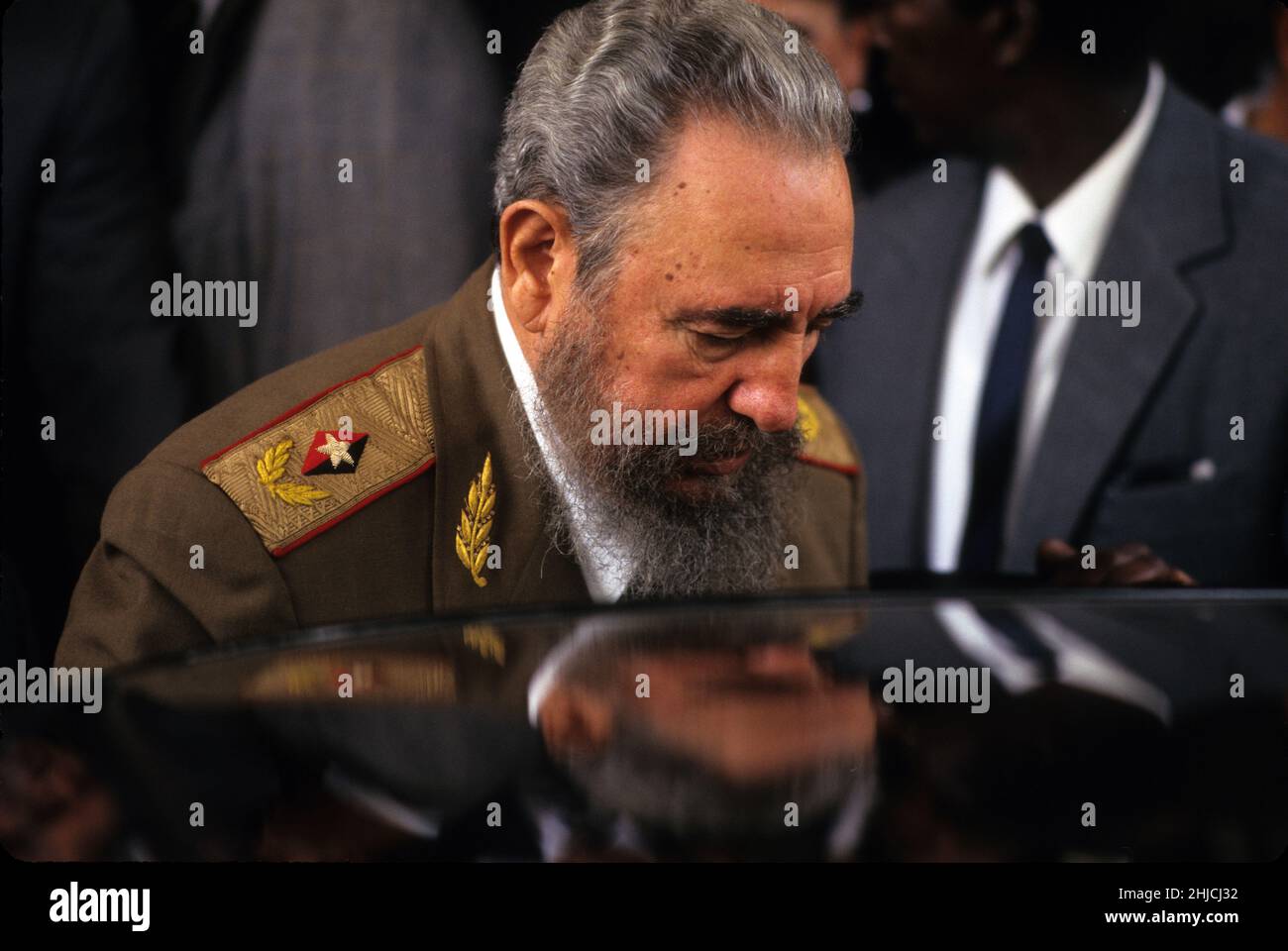 Cuban president Fidel Castro exits the National Auditorium in Mexico City where he attended the inauguration of the newly elected president Ernesto Zedillo. Mexico City, Mexico, December 1, 1994. Stock Photo