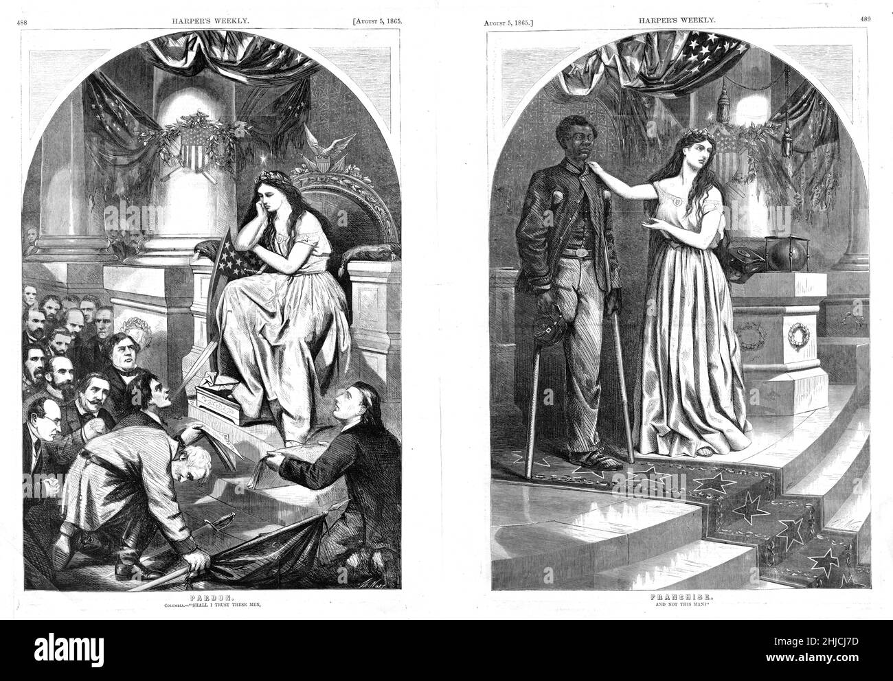 'Pardon/Franchise: Shall I trust these men, and not this man?' This centerfold print shows Columbia considering why she should pardon Confederate troops who are begging for forgiveness (at left) when a Black Union soldier with an amputated leg does not have the right to vote (at right). Thomas Nast, (1840-1902), Harper's, 1865. Stock Photo