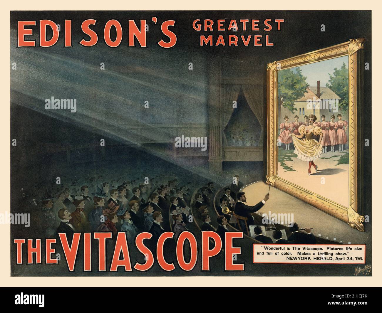 A poster showing an audience and 'Edison's greatest marvel, The Vitascope.' Metropolitan Print Company, c. 1896. Vitascope was an early film projector patented in 1895 by Charles Francis Jenkins and Thomas Armat. It was adopted by Thomas Edison to project his Kinetoscope films in the first Nickelodeon theater. Stock Photo