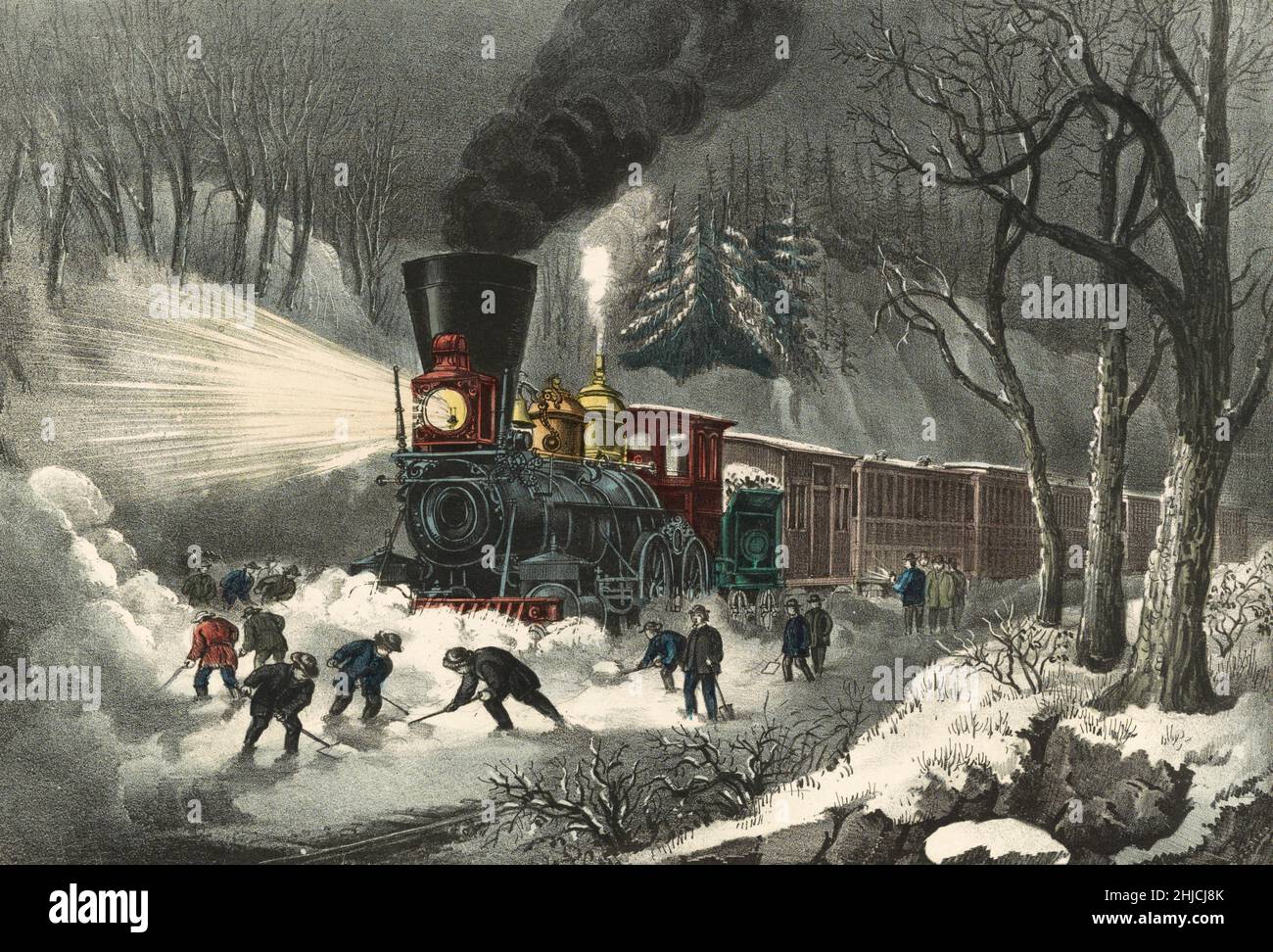A snowbound train on the American railroad. Currier & Ives, 1871. Stock Photo