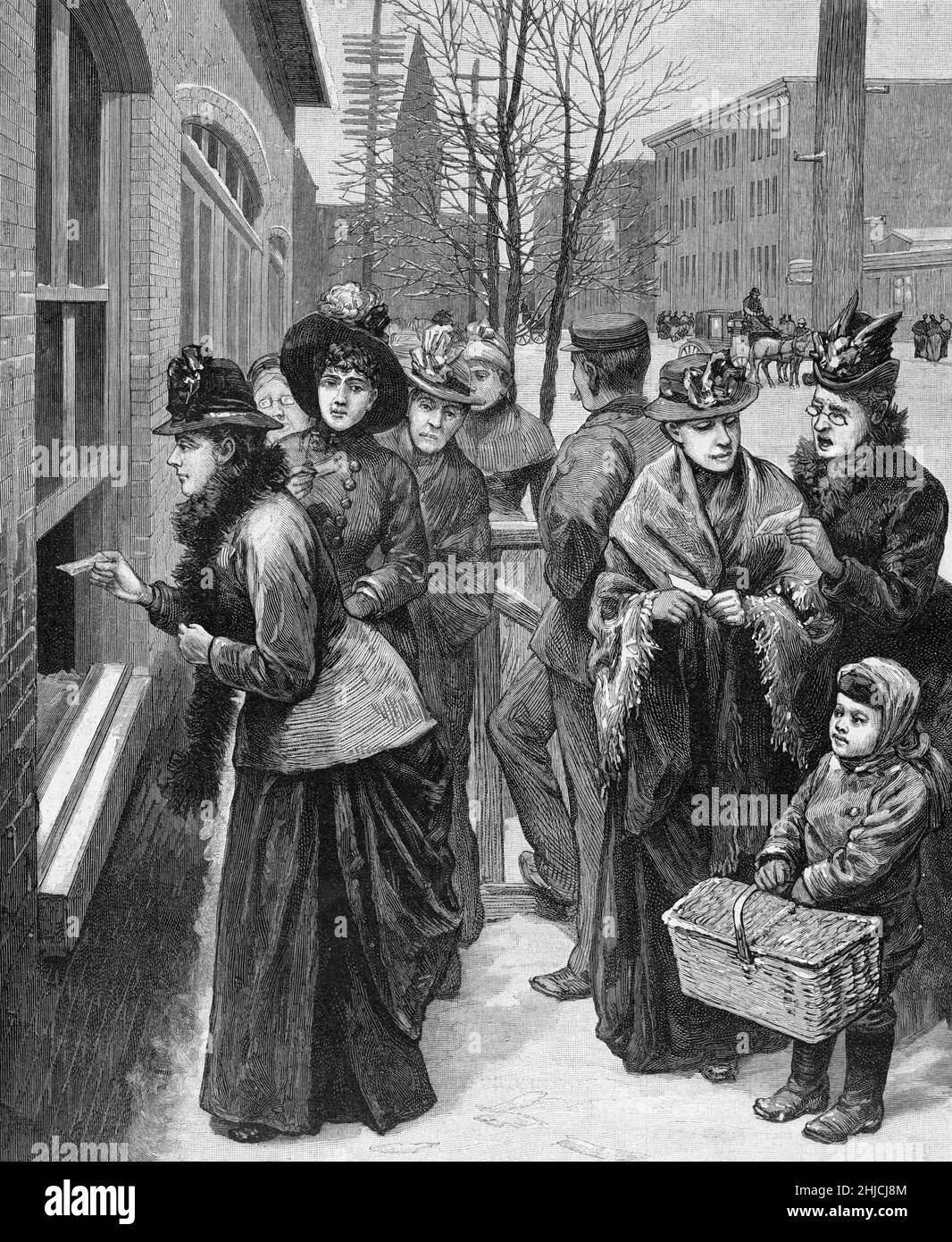 Scene of women voting at the polls in Cheyenne, Wyoming, 1888. Wyoming Territory gave women the right to vote and hold public office in 1869, the first place in the US to do so. In 1890, Wyoming became the first U.S. state to allow its female citizens to vote. Wood engraving, from Frank Leslie's Illustrated Newspaper, November 24, 1888. Stock Photo