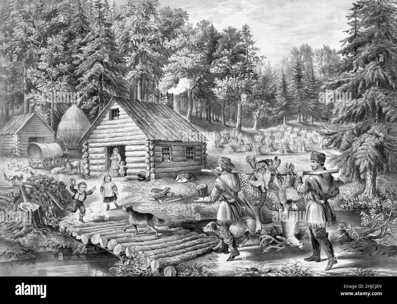 The pioneer's home: on the western frontier, showing hunters returning with freshly killed animals. Published by Currier & Ives, circa 1867. Artist: Frances F. Palmer. Stock Photo